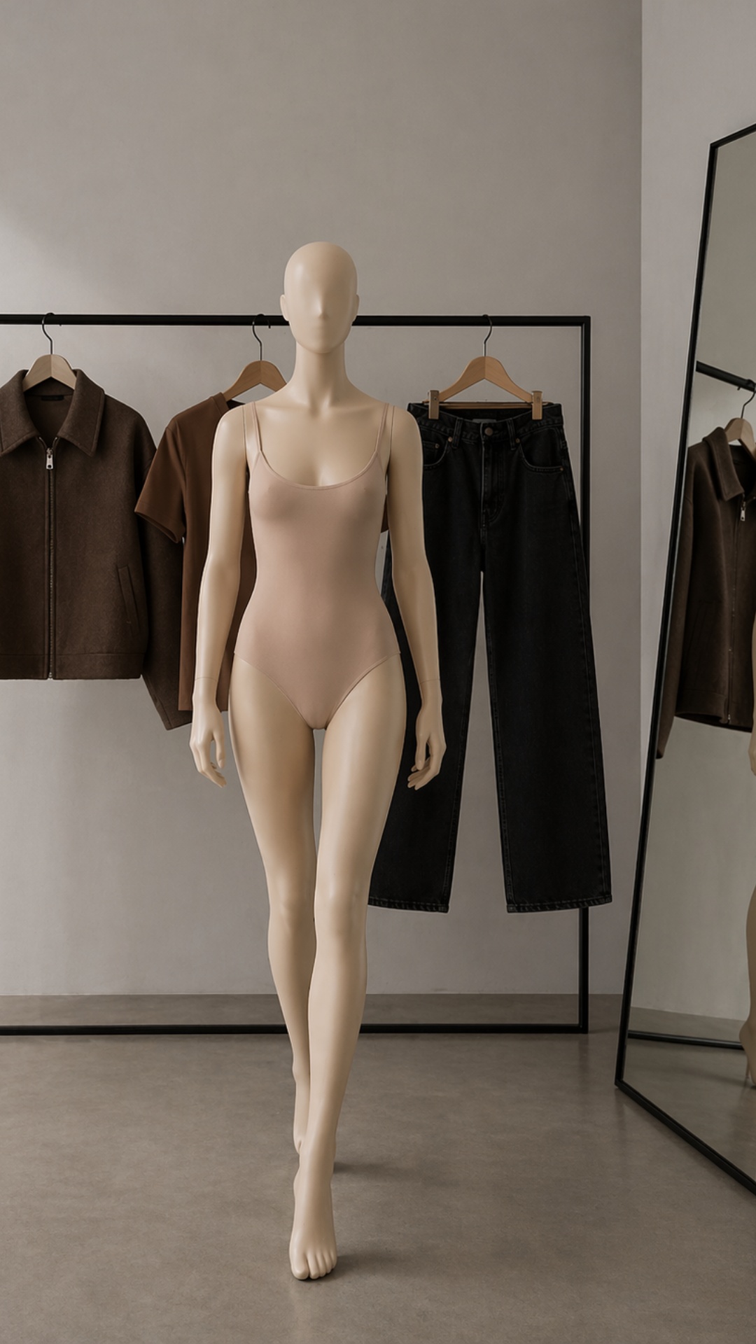 The mannequin reaches toward the clothing rack and selects garments. It begins dressing itself na...