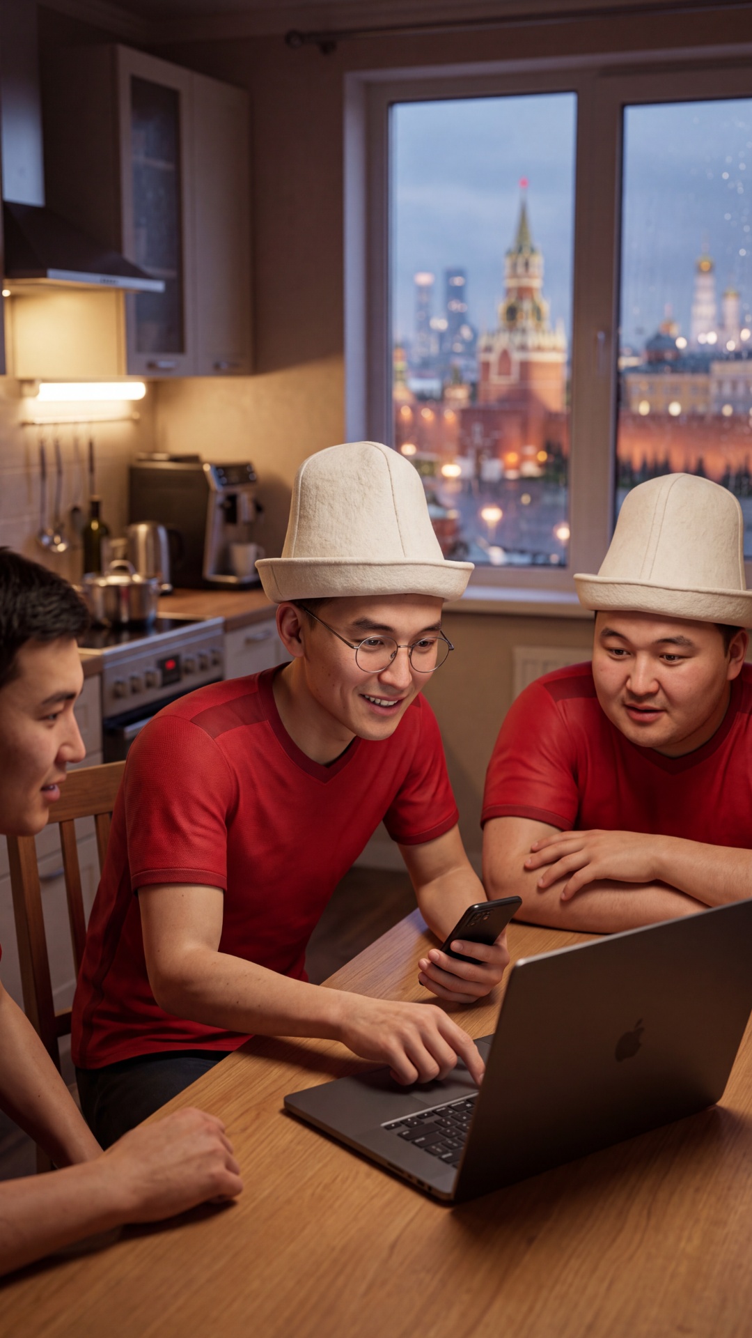 Image-to-video. Same three men at the kitchen table, Kremlin through the window. The laptop scree...