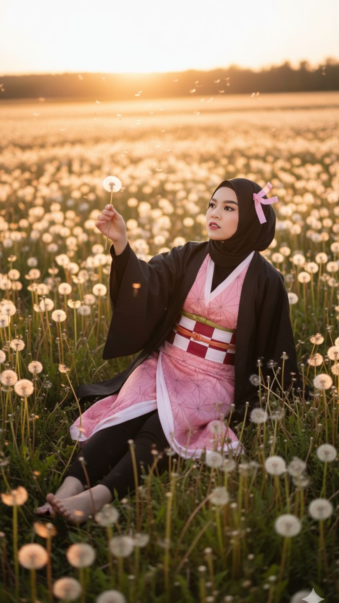 6-second cinematic video of a woman sitting gracefully in a vast dandelion field at golden hour. ...