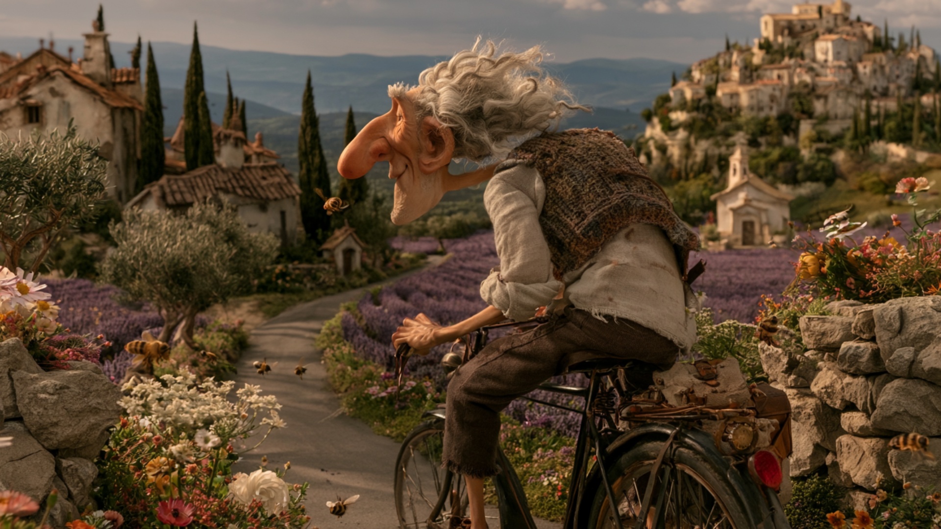 The elderly man pushes down on the pedals and the old bicycle begins rolling slowly forward along...