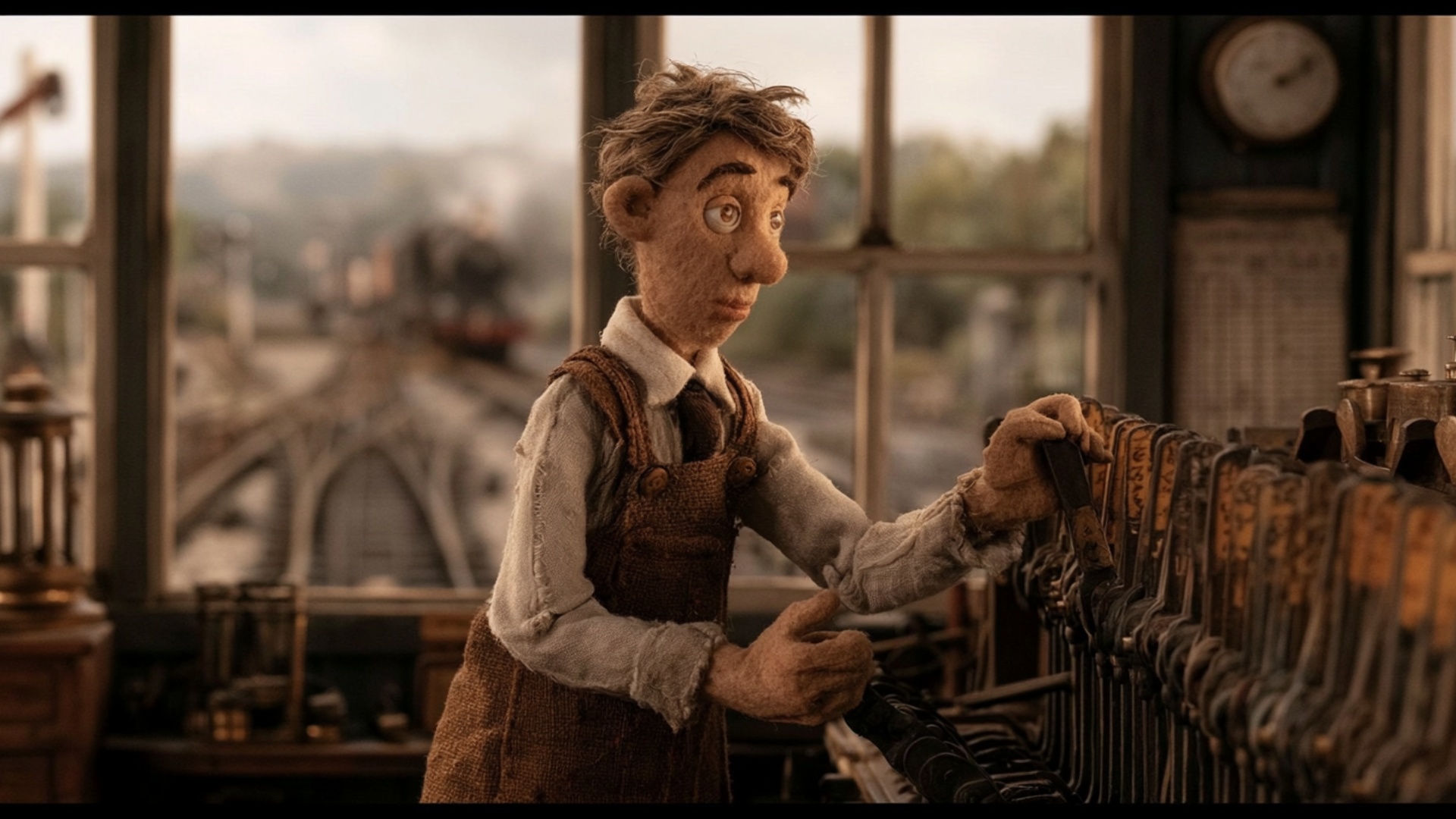 The signalman firmly grips the single existing lever in front of him and slowly pulls it down tow...