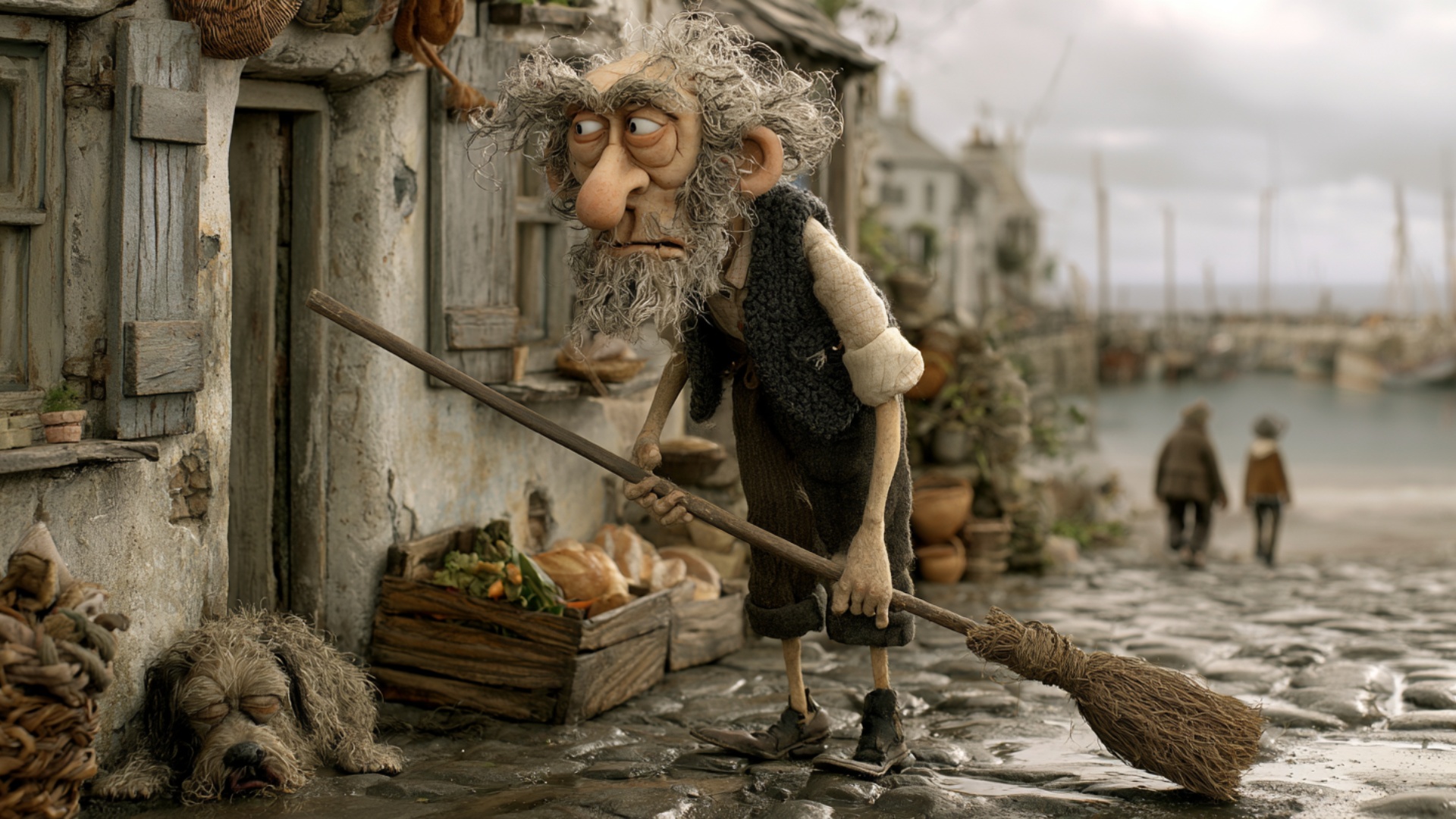 The shopkeeper sweeps a small pile of dust and debris across the wet cobblestones with two natura...