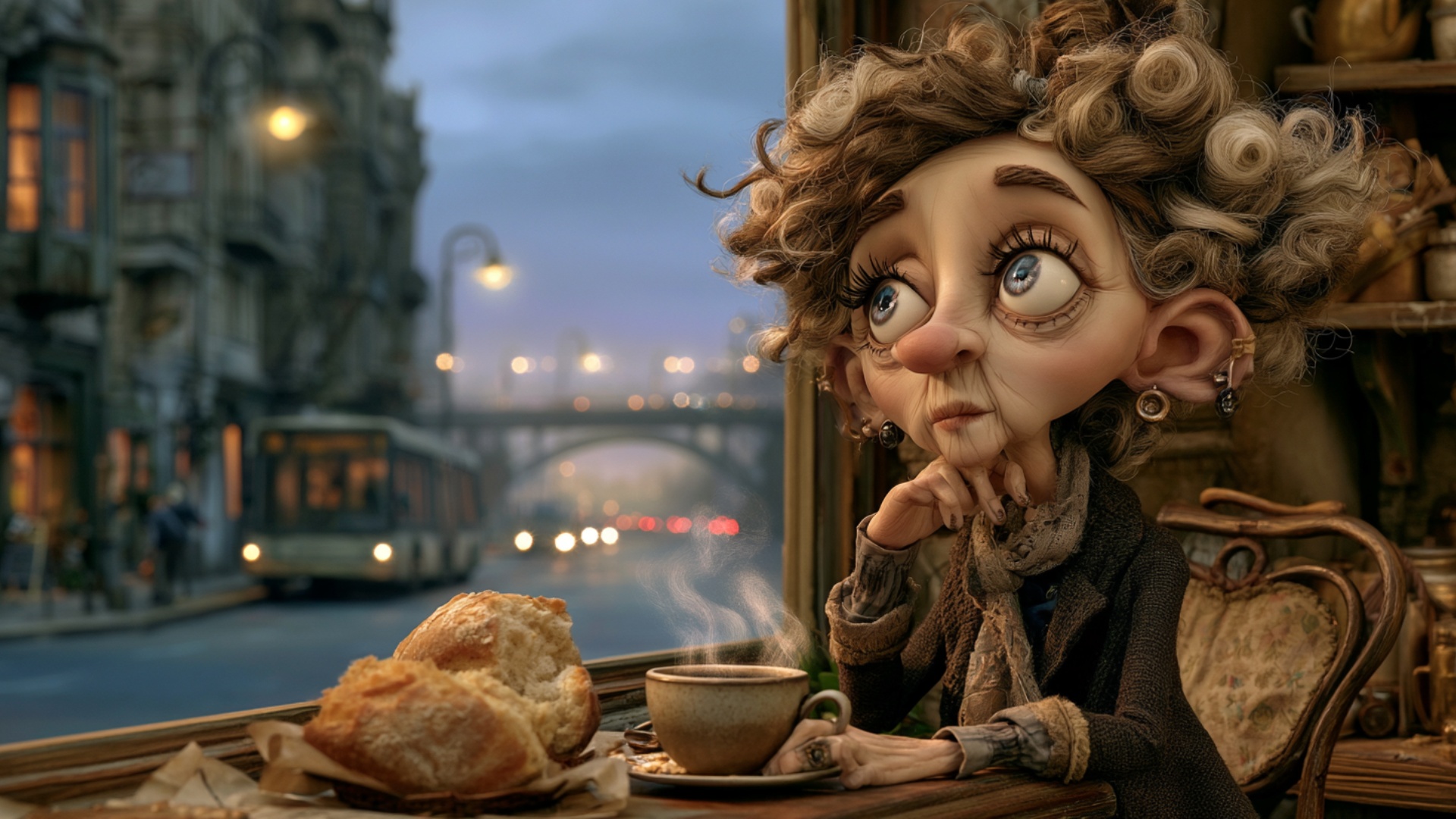 The elderly woman remains seated by the café window, quietly lost in thought. She slowly blinks o...