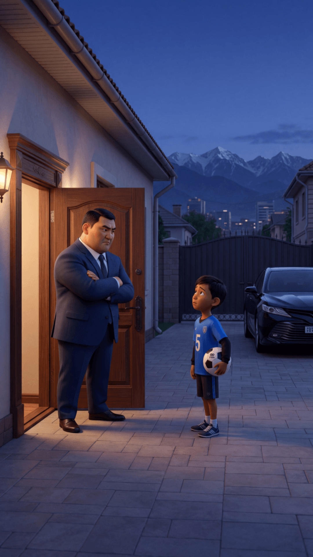 Pixar 3D animation style, cinematic quality.
Evening, front entrance of upper-middle class
privat...