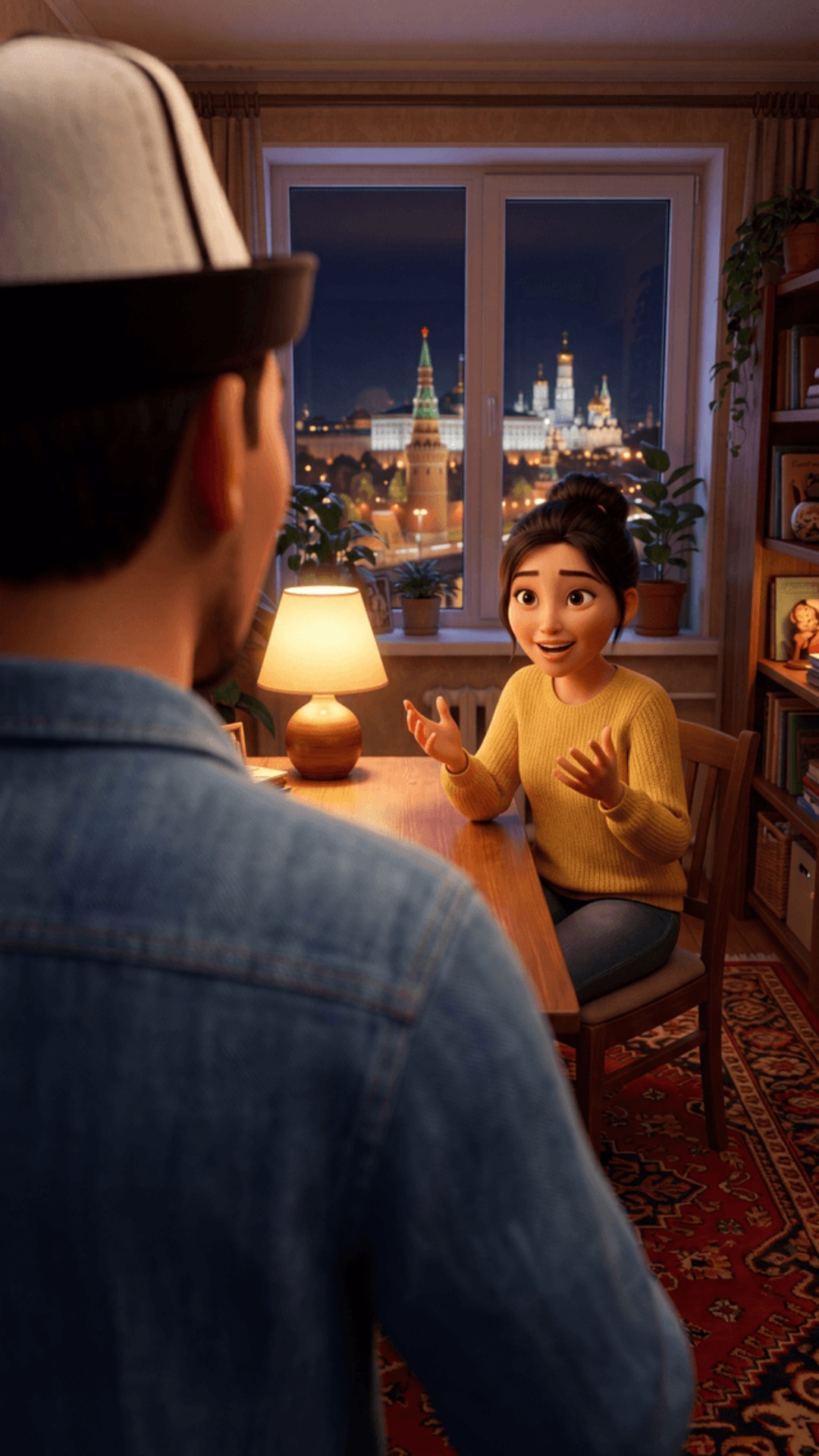 Pixar 3D animation, cinematic realism, vibrant warm colors.
Moscow apartment living room, night....