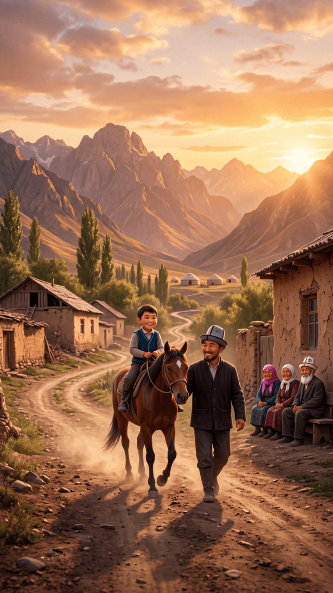 Pixar 3D animation, cinematic, golden sunset light. Kyrgyz village 
dirt road, mountains backgro...