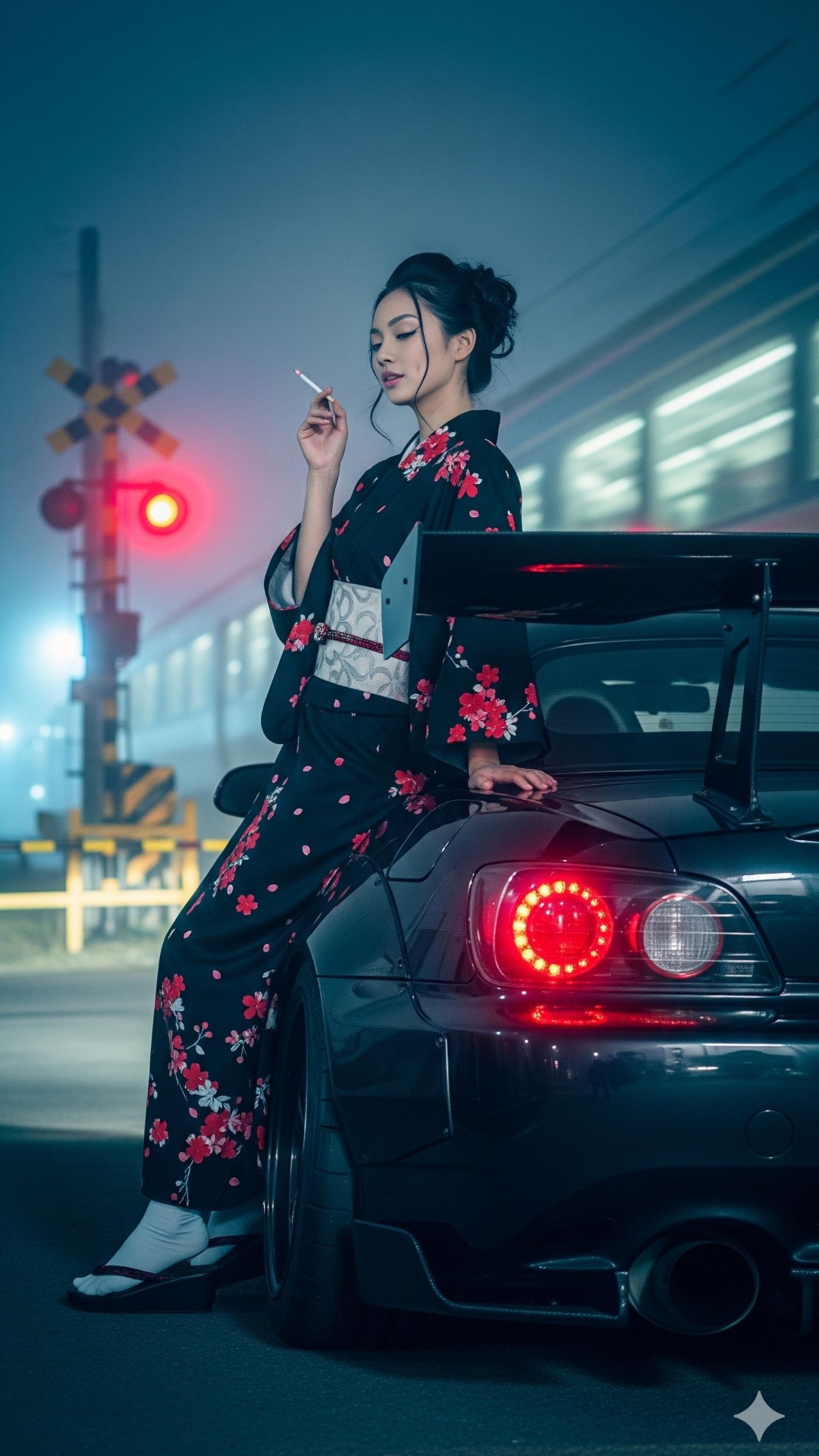 wanita sedang santai mengisap rokok di samping mobilnya dengan elegan, tampak kereta api melaju k...
