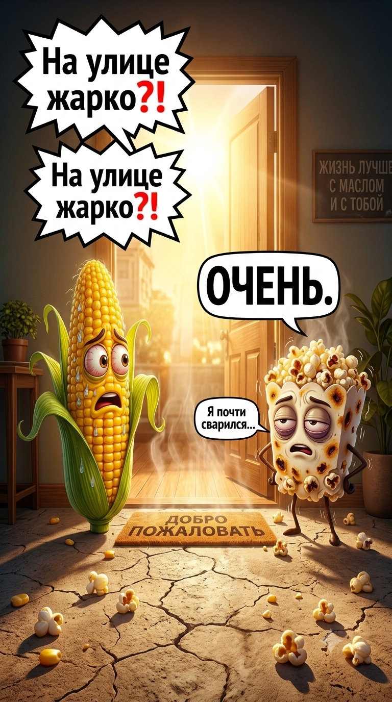 A realistic corn cob with expressive eyes and a friendly smile stands at the doorstep of a cozy f...