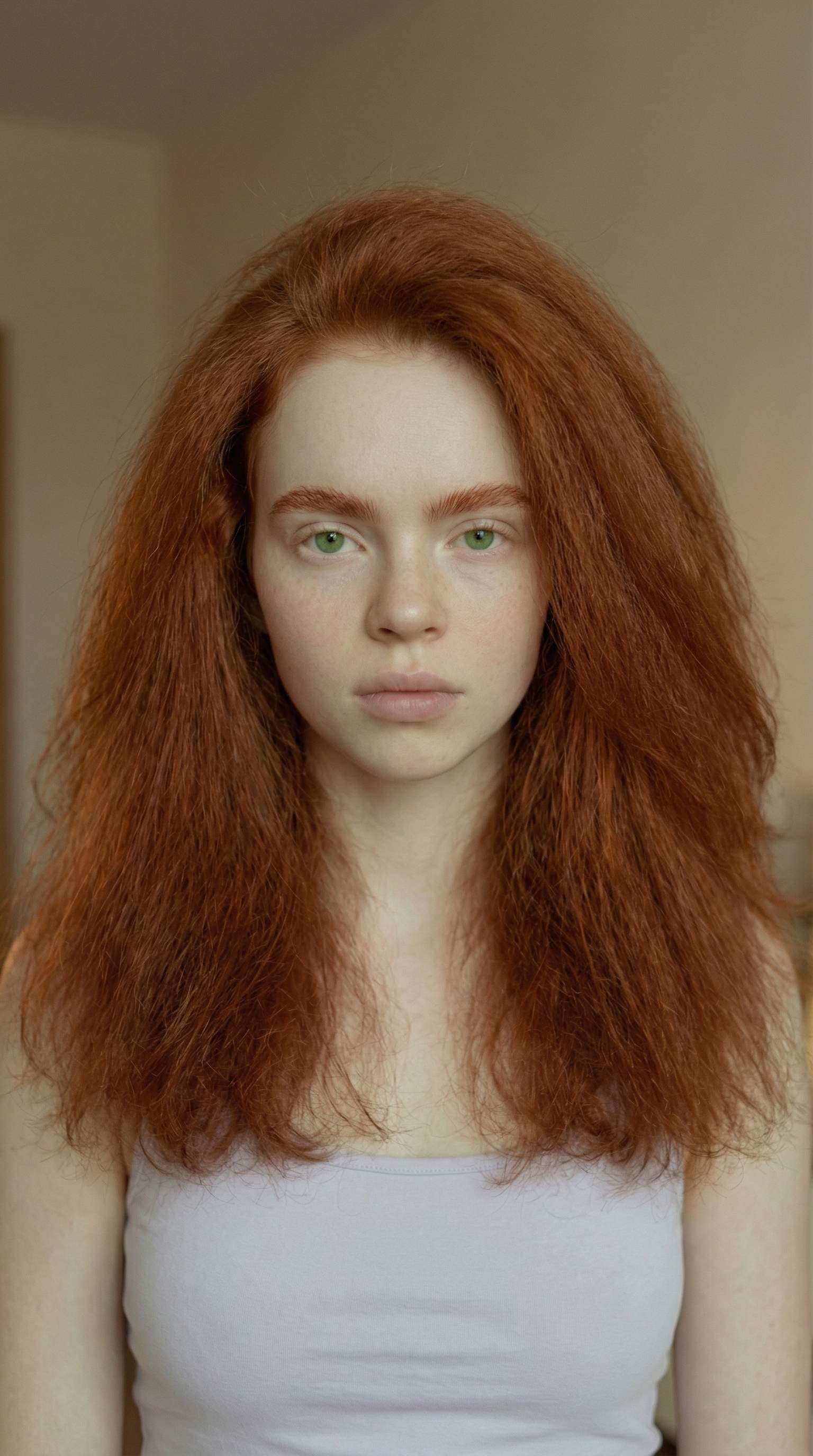Medium close-up shot (chest-up), static camera, eye-level, vertical 9:16.

A young woman with ver...