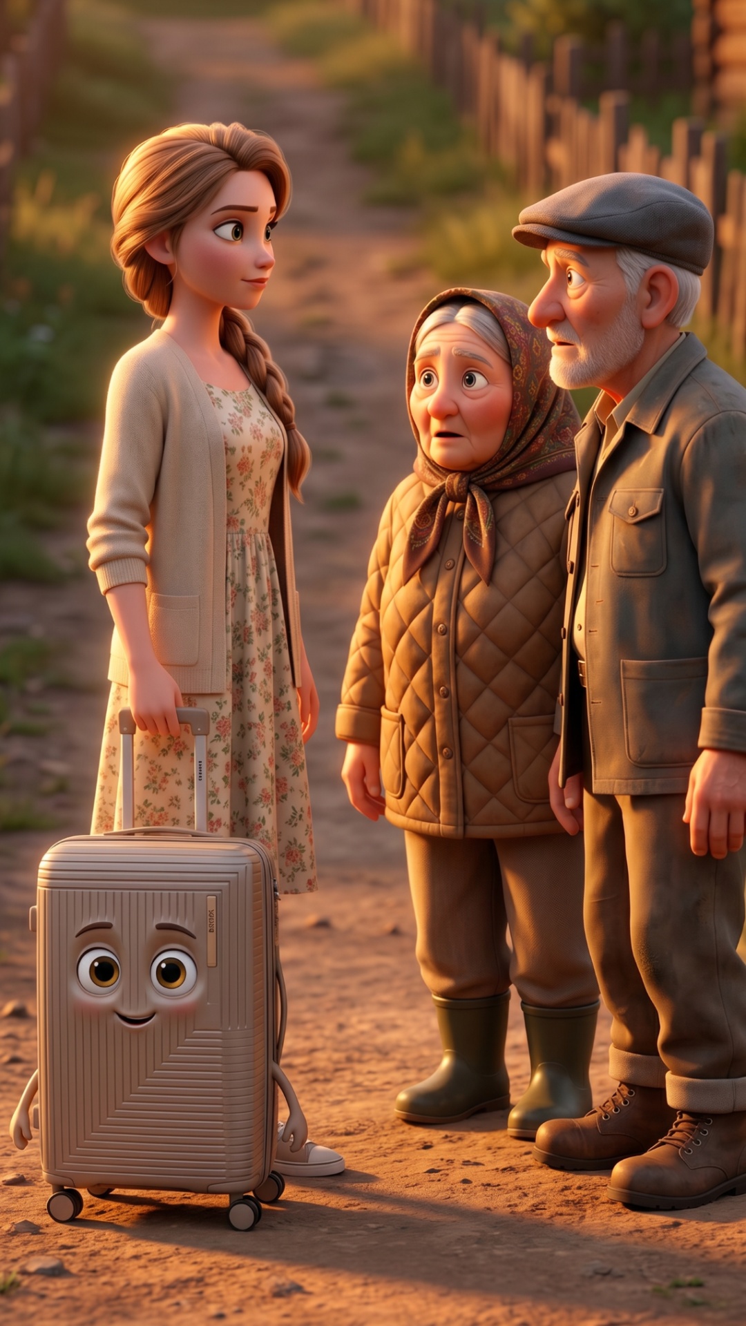 Village road. Characters: - Evdokia - LENDA suitcase - Elderly woman - Elderly man Evdokia stops ...