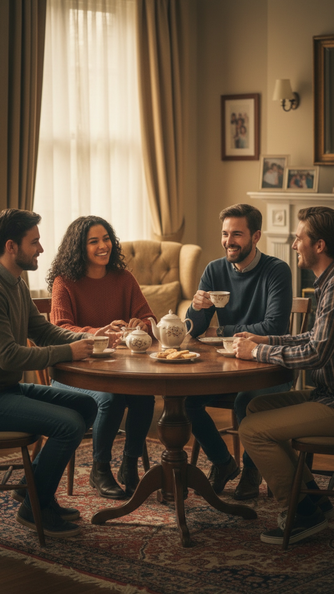 Frame 2

Action: Everyone is drinking tea together.

Dialogue [Boy 1]: "Buddy, what should I do w...