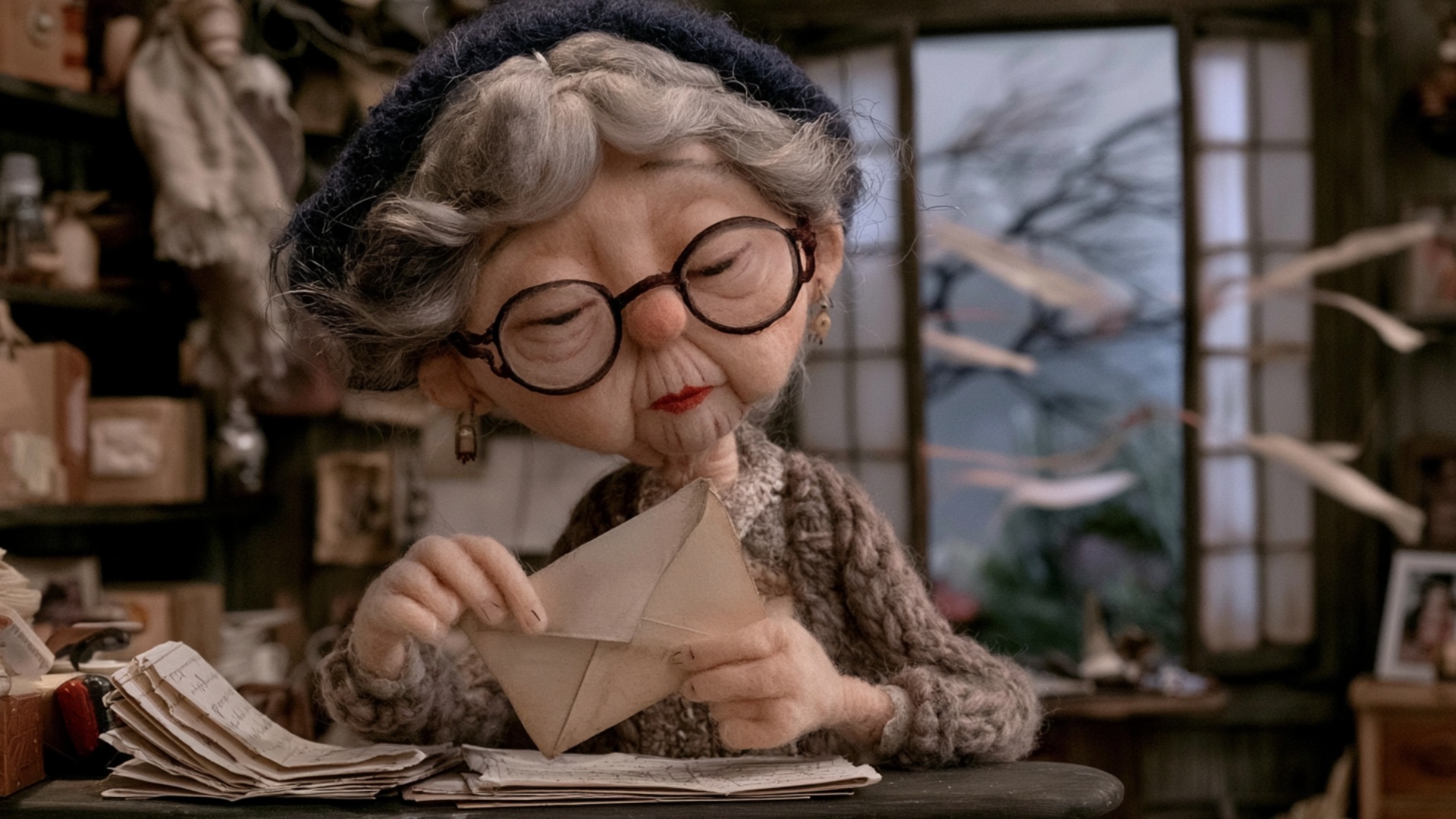 The elderly woman holds the finished envelope gently in both hands, turns it slightly to check th...