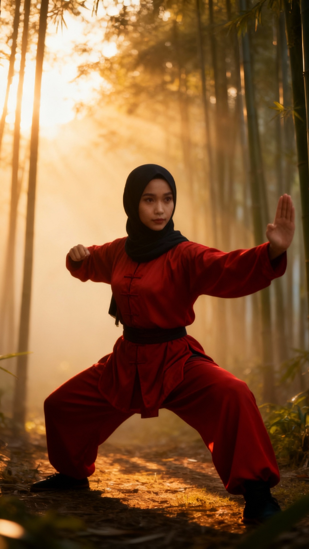 {
  "prompt": "A cinematic martial arts sequence of a young hijabi woman in a red kungfu uniform ...