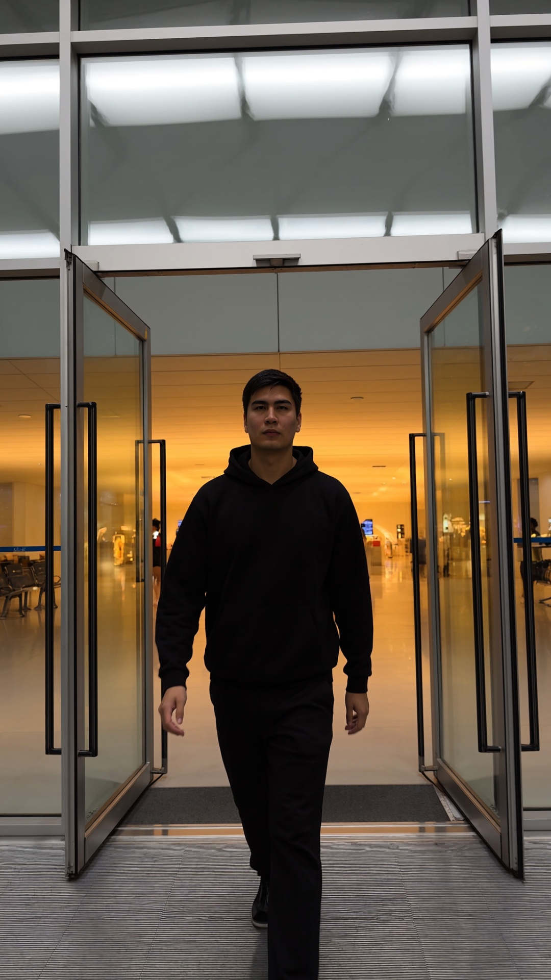 Camera follows subject walking.
Doors open.
Warm light fills frame.