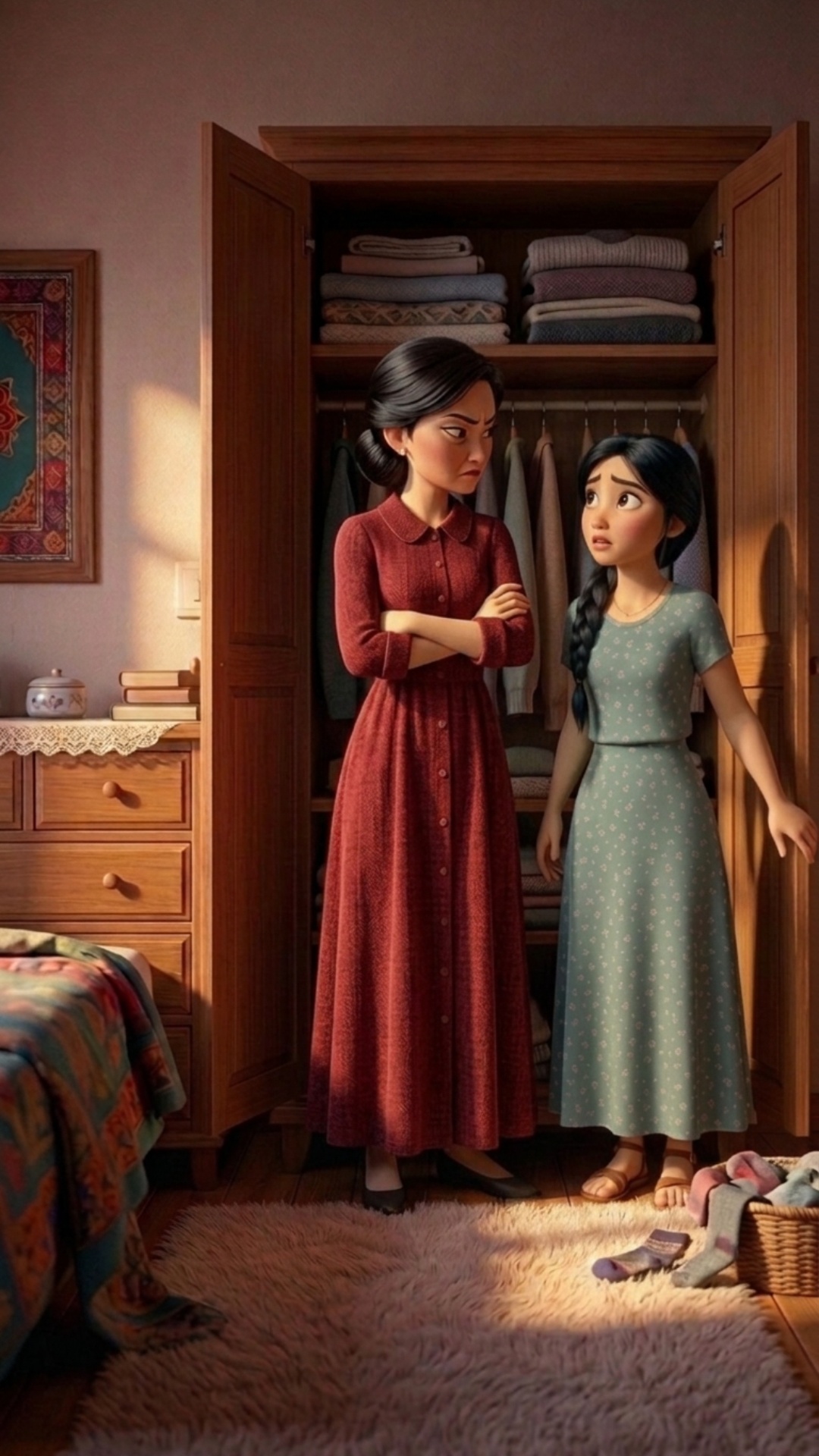 Two women are standing in a bedroom, facing each other. They must have clearly different voices.
...