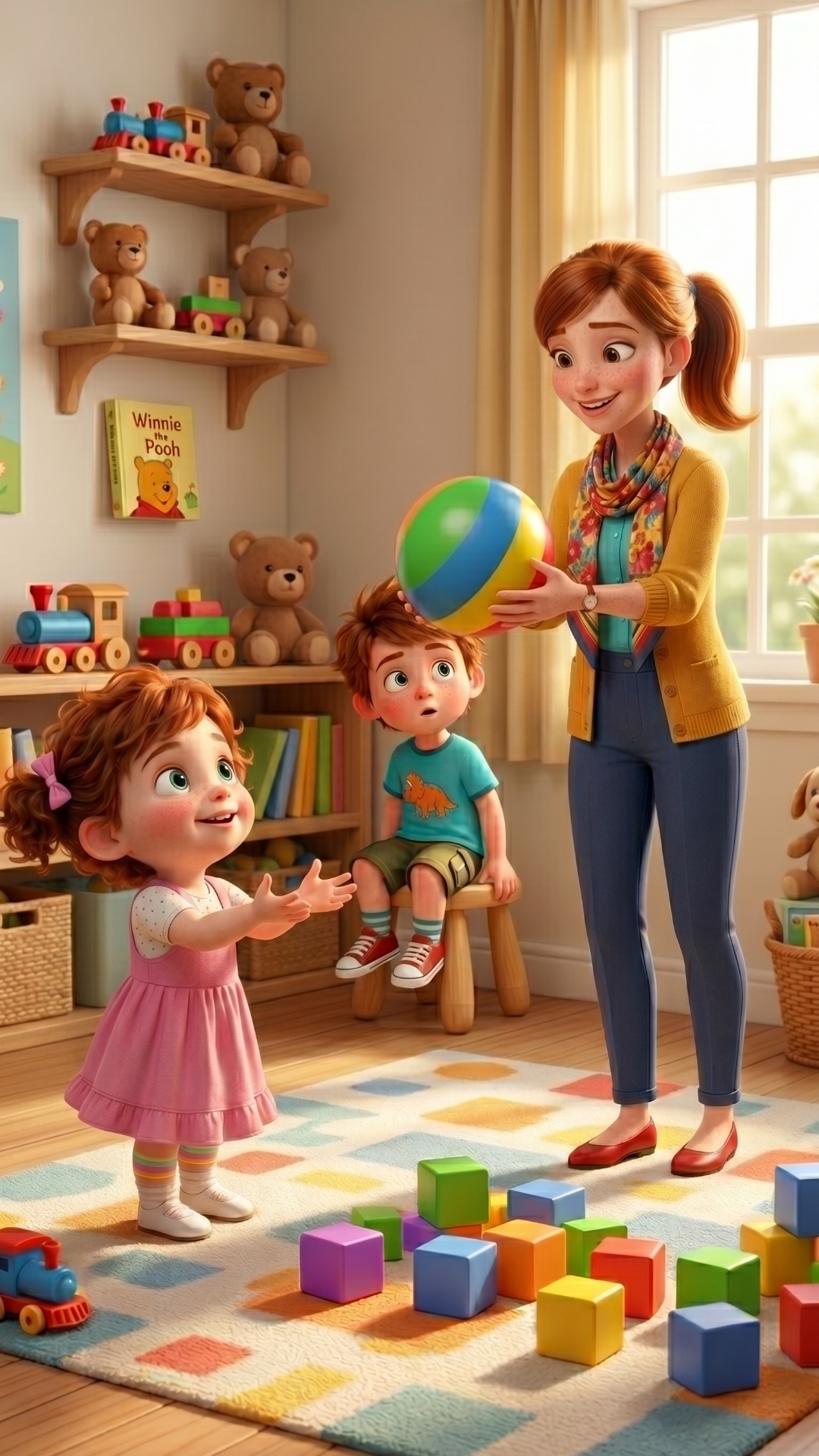 3D animation, Pixar style. A transformative moment in a sunny playroom. Start state: Miss Emily a...