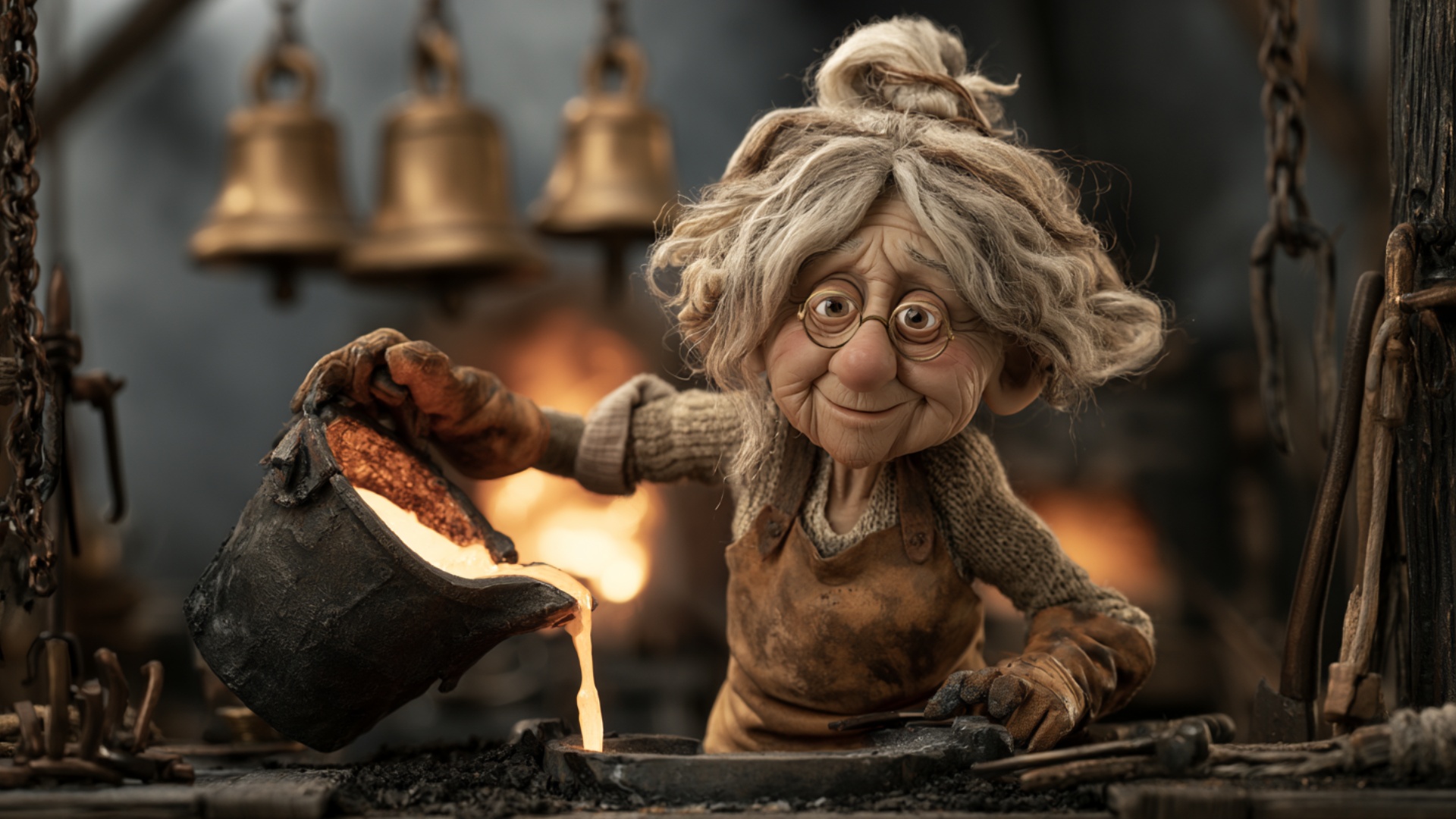 The elderly bell founder maintains a firm two-handed grip on the heavy crucible and slowly tilts ...