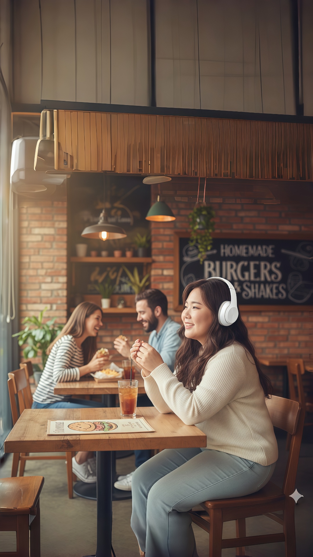The scene takes place inside a cozy hamburger restaurant in Korea.
A Korean woman wearing white h...