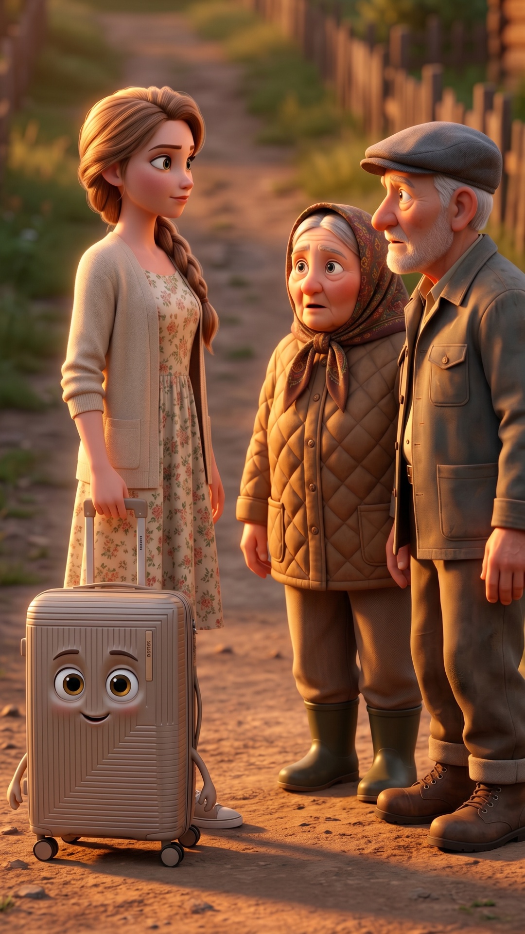 Village road. Characters: - Evdokia - LENDA suitcase - Elderly woman Evdokia walks along the road...