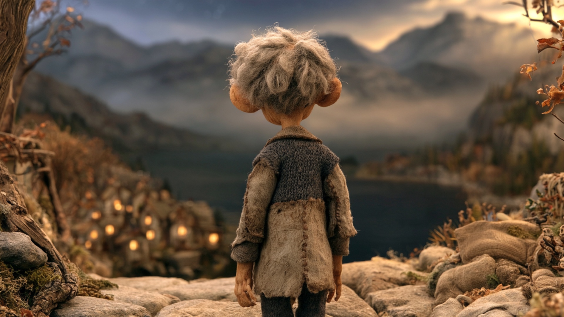 Gentle cinematic push-in. The villager shifts his weight slightly and turns his head toward the g...