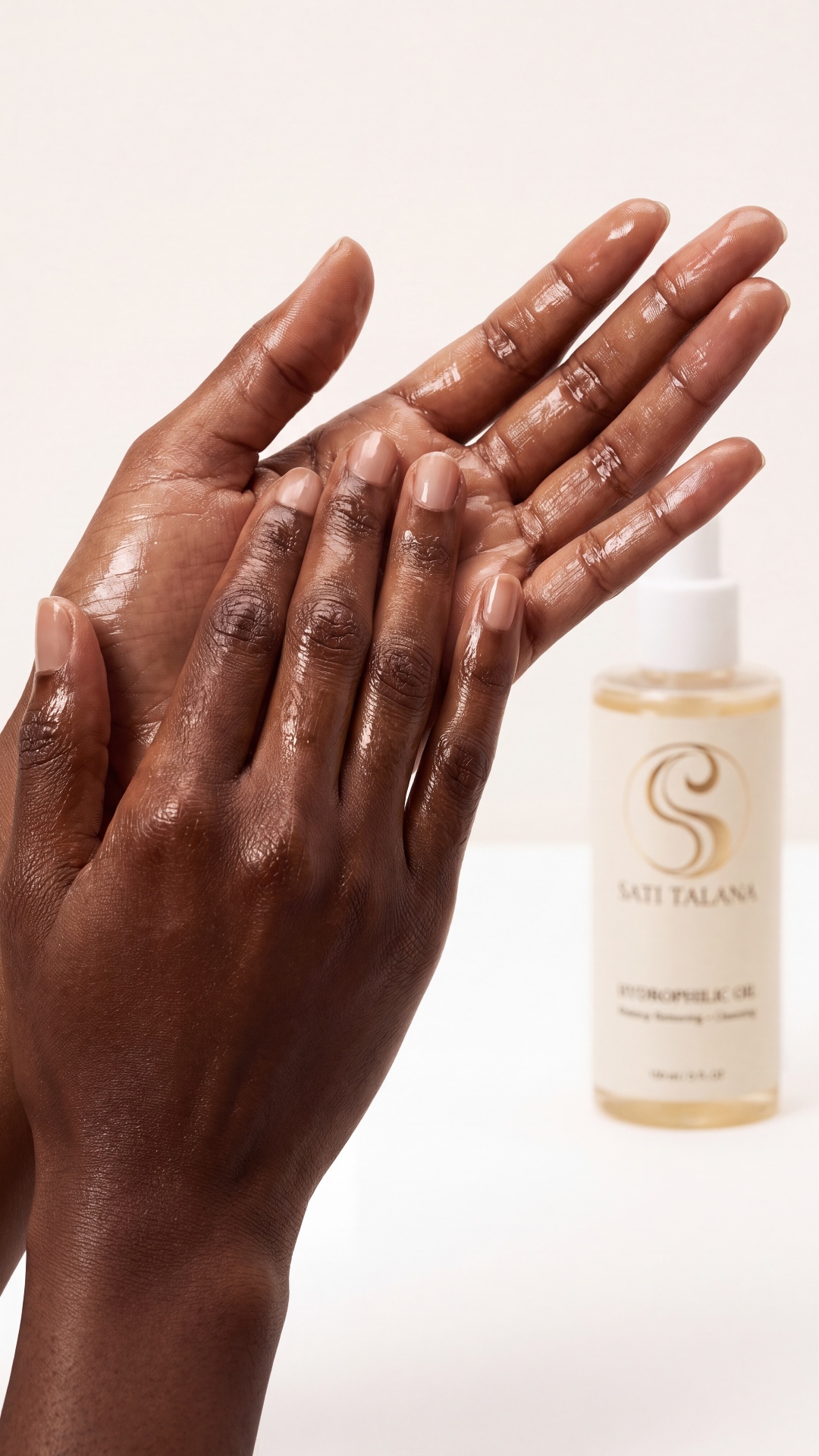 Hands slowly rub together, spreading glossy golden oil. Smooth natural movement, macro skincare c...