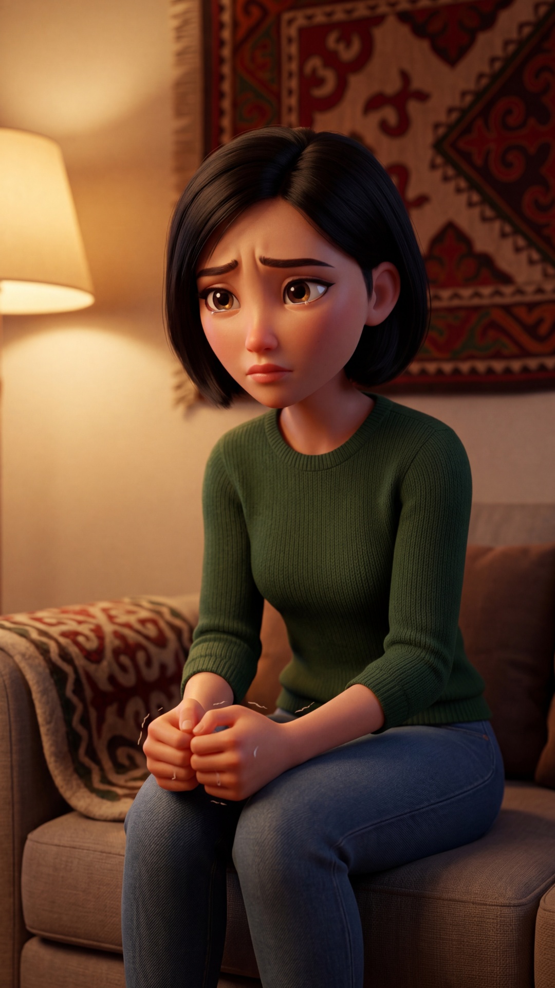 Cinematic animated scene, 70% stylized Pixar-like, 30% realism, warm soft lighting, cozy modern K...