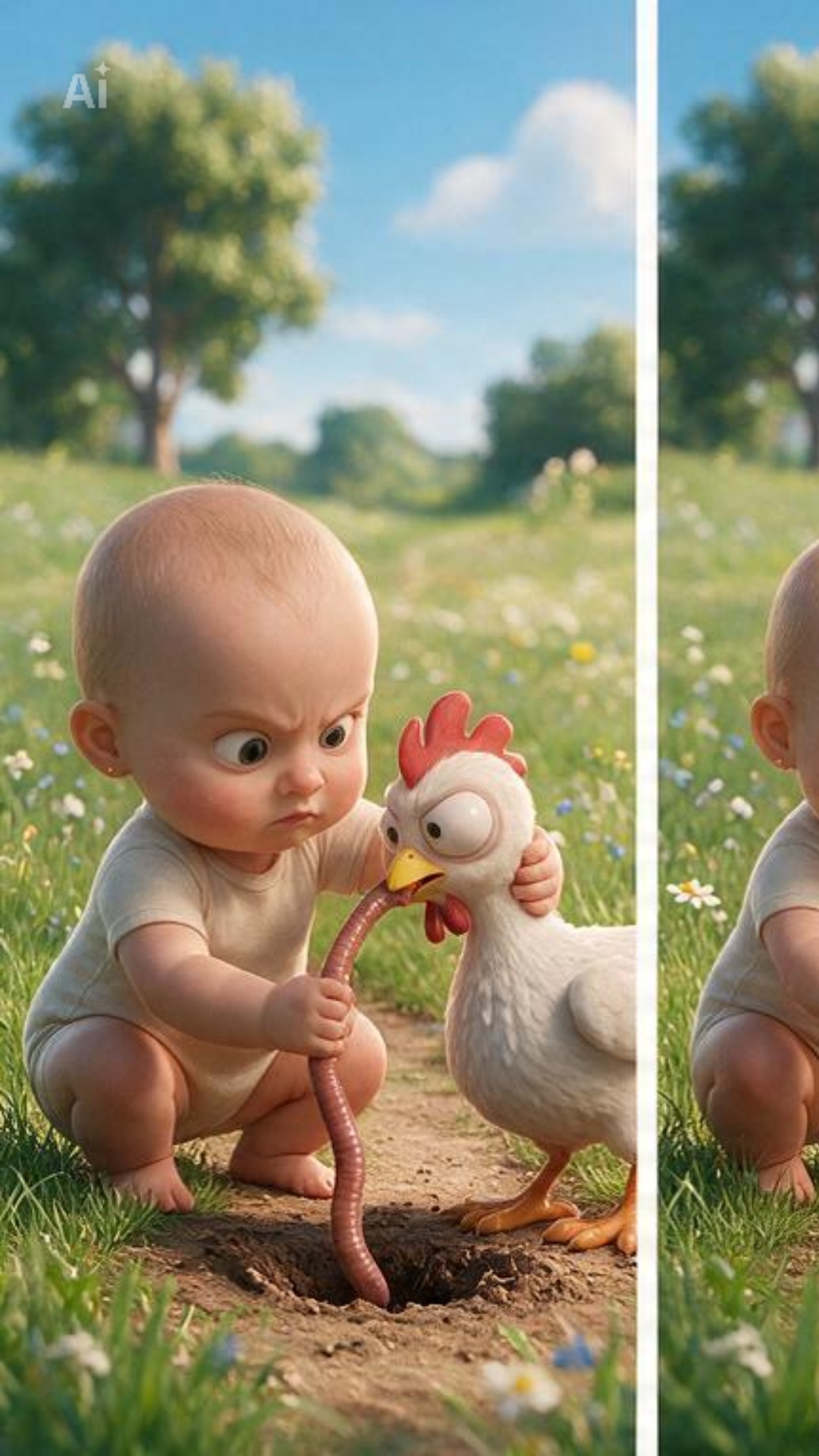 A 3D Pixar-style animated scene. A cute, chubby baby girl named Masha in a beige onesie and a fun...