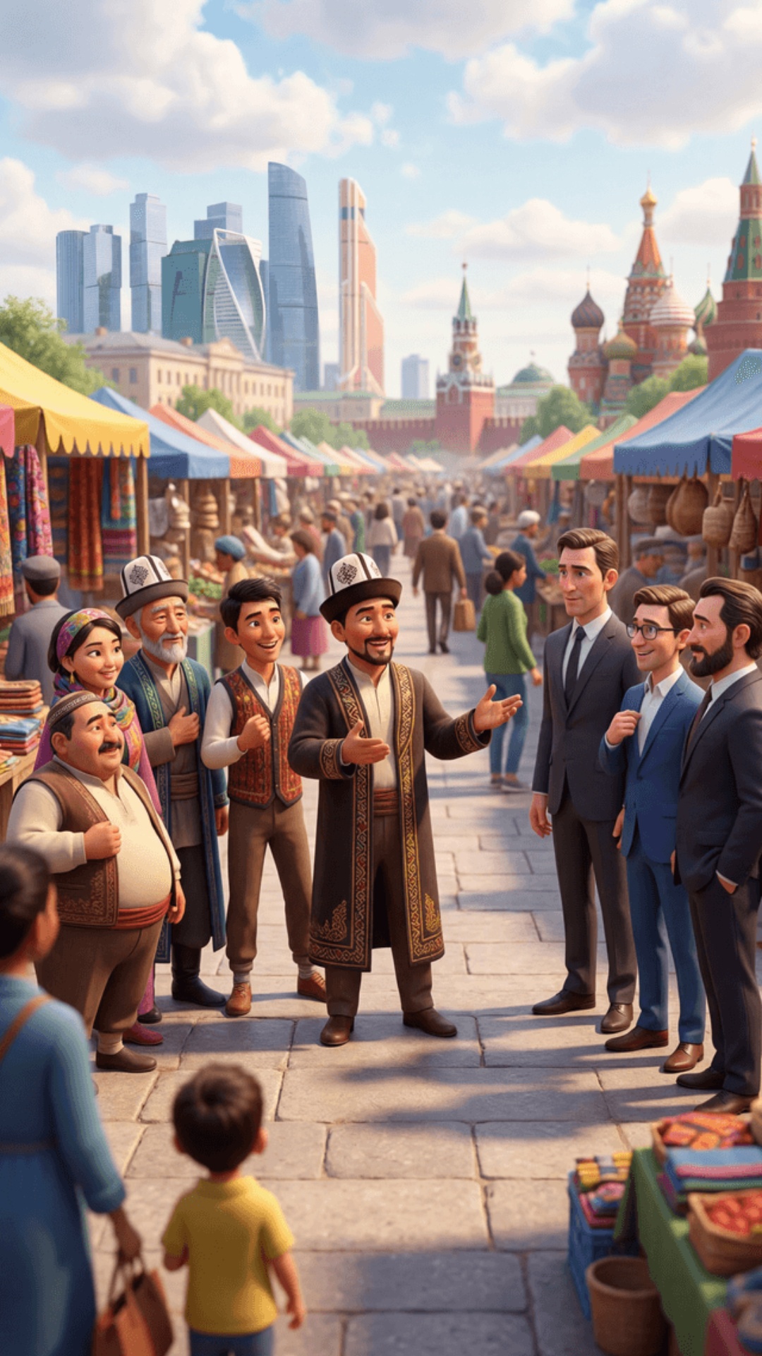 Cinematic Pixar style 3D animation, vertical 9:16.

Spring daytime, busy Moscow bazaar. Moscow sk...