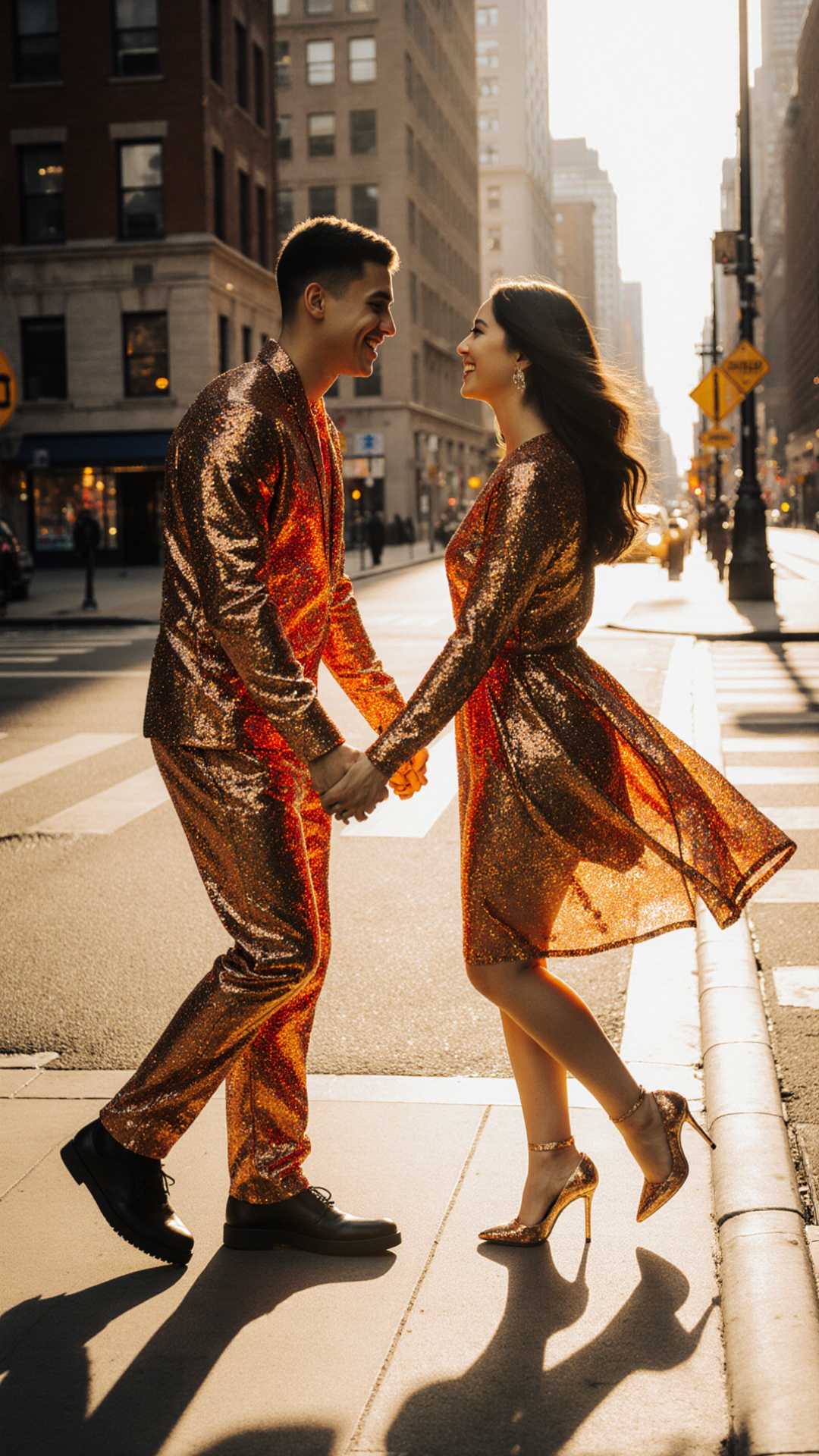 On a New York street, a young, attractive man and woman hold hands and spin around together, smil...
