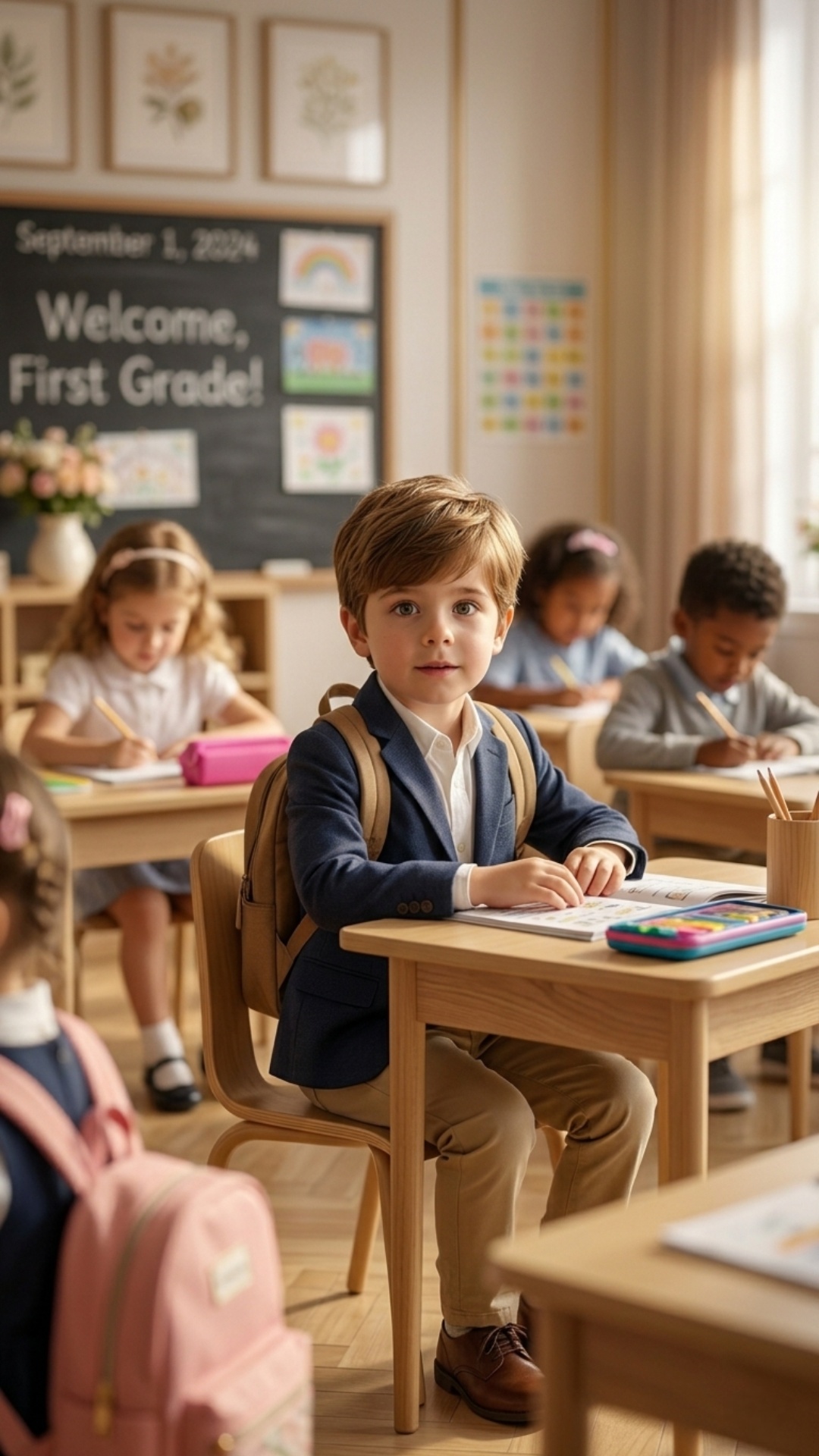 Cinematic realistic style, warm classroom lighting, 8K, highly detailed, smooth morphing animatio...