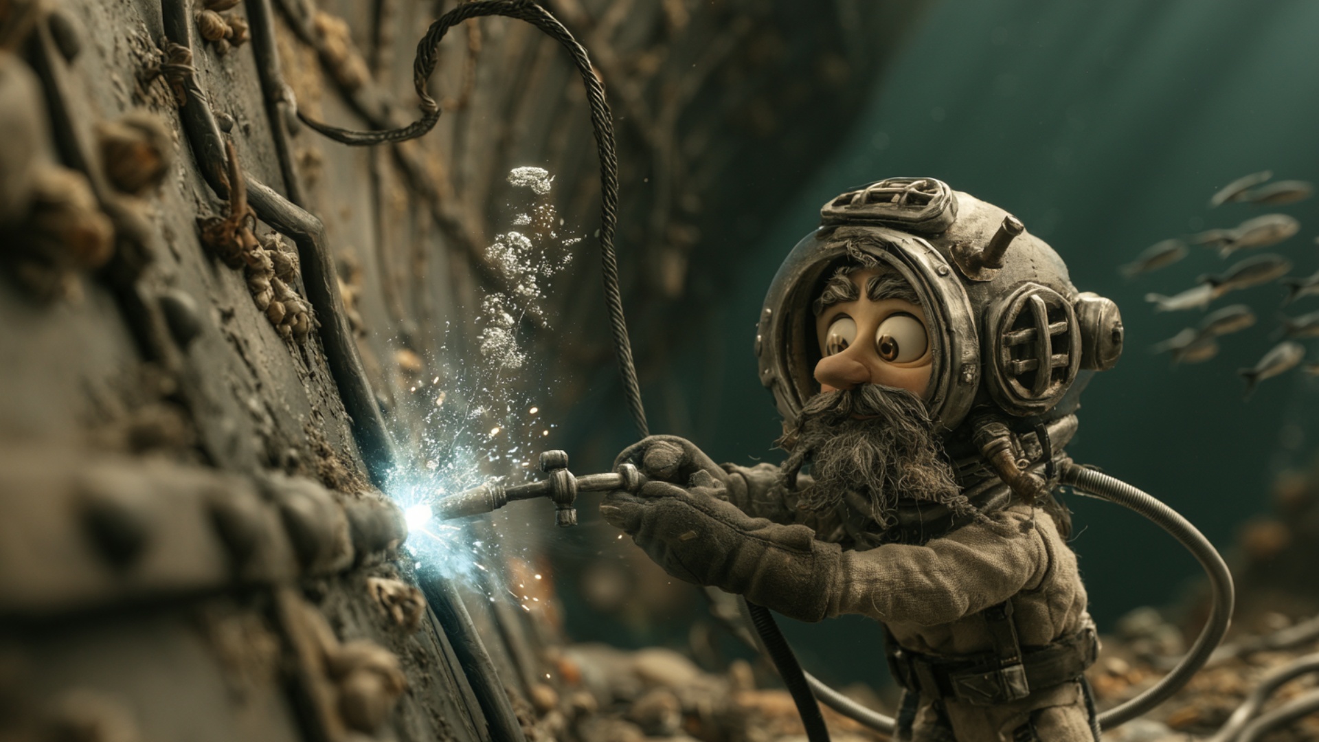 The underwater welder steadily continues welding along the damaged seam of the massive ship hull....