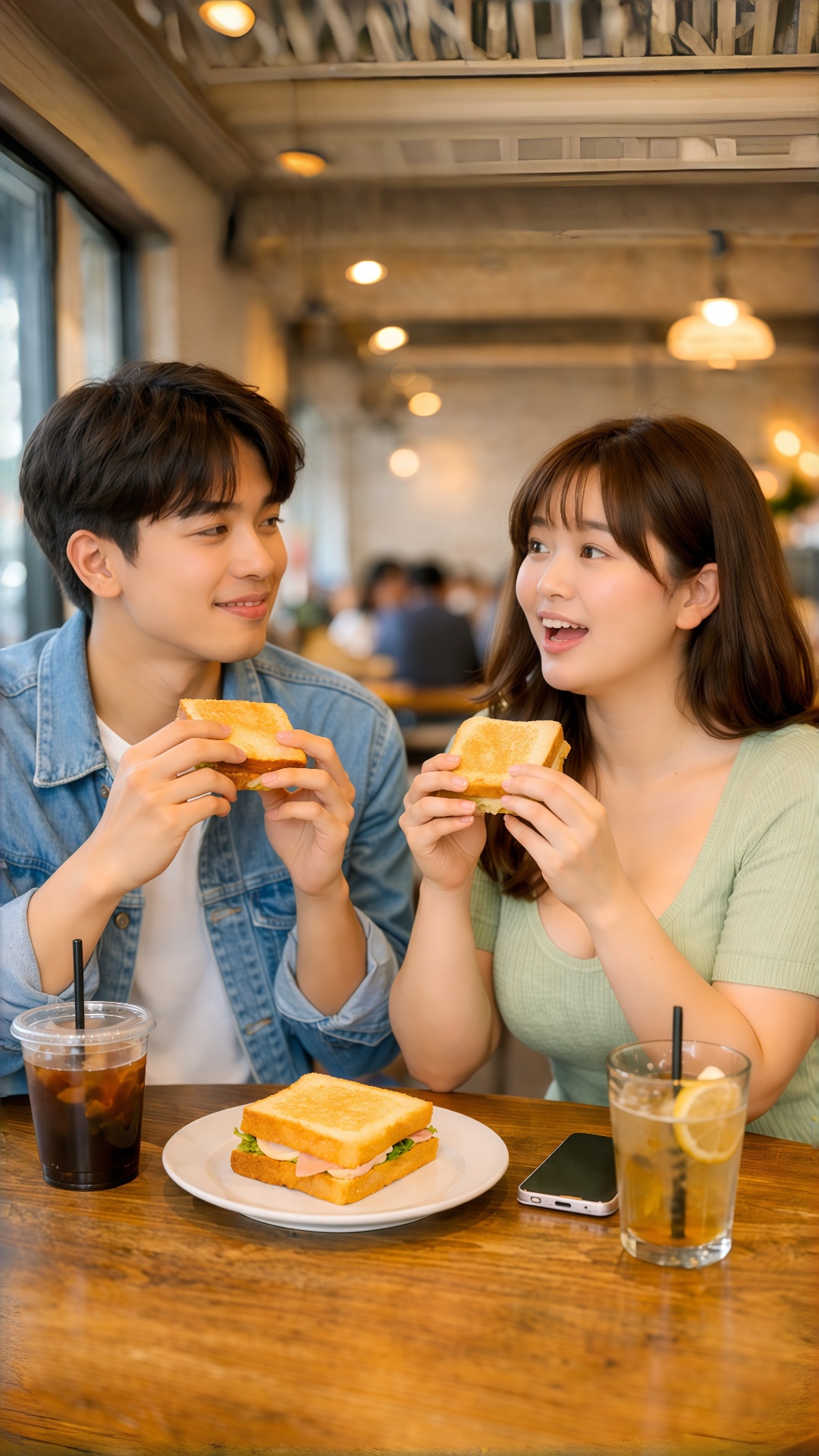 여기는 한국이다 여자가 한국어로 말한다. 
"오빠, 근데 샌드위치가 무슨 뜻일까?"

남자가 말한다
"알려줄께"