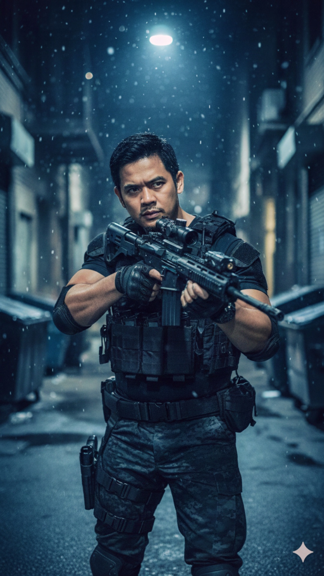 (Hand-to-Hand Combat Scene with Sound Effects):
"After the intense gunfight in the rainy alley, t...