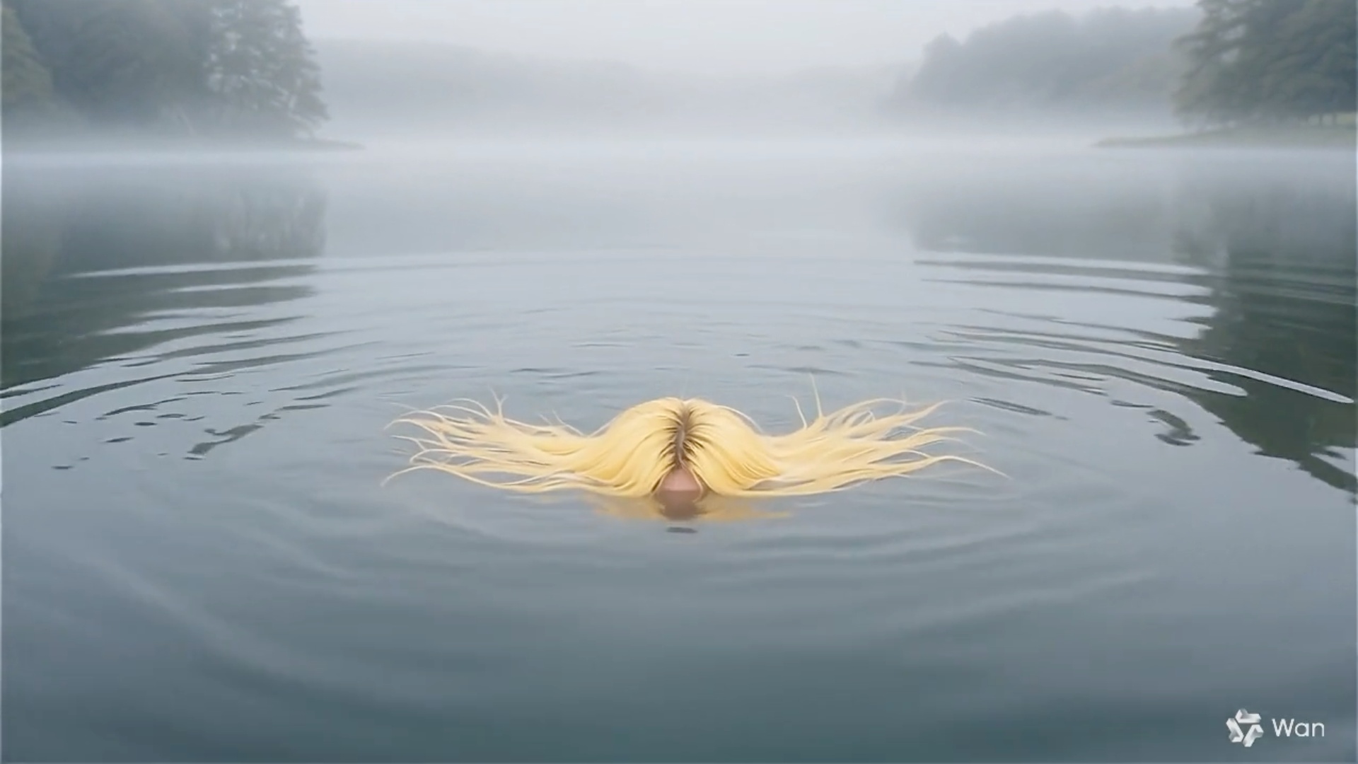 La jeune femme dont les cheveux émergent de l'eau nage la brasse, tandis que la caméra recule et ...