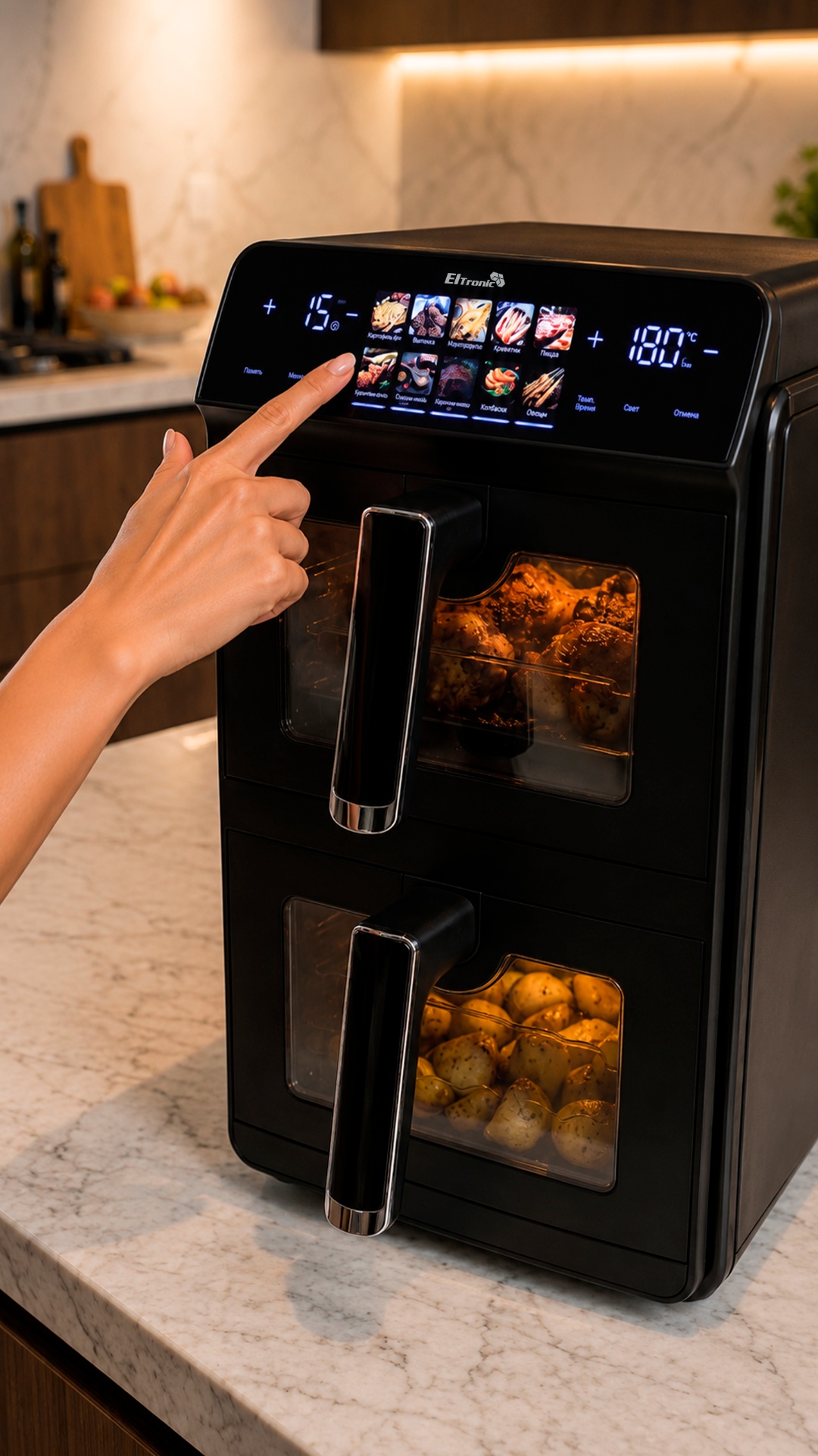 Realistic cinematic video.

Close-up of the Eltronic dual-zone air fryer.

A woman's finger t...