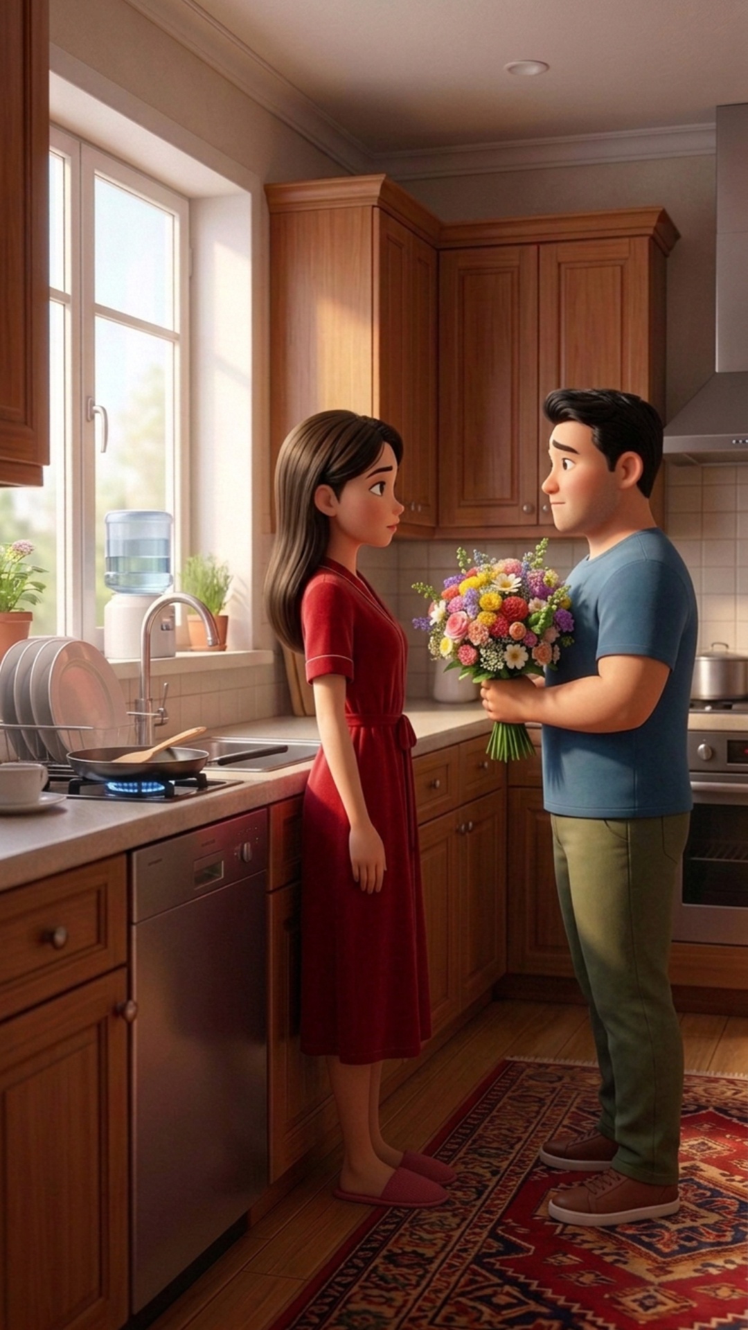 Medium shot in a cozy modern kitchen. A woman and a man are standing facing each other, maintaini...