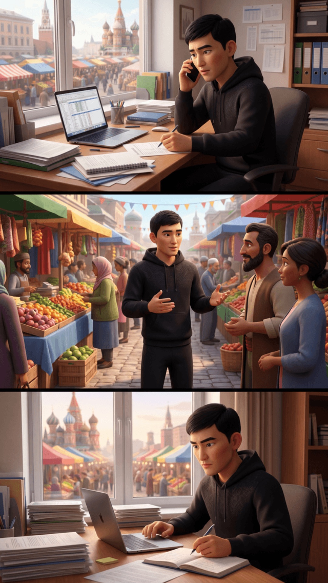Cinematic Pixar style 3D animation, vertical 9:16.

Spring daytime, Moscow. Passage of time sho...