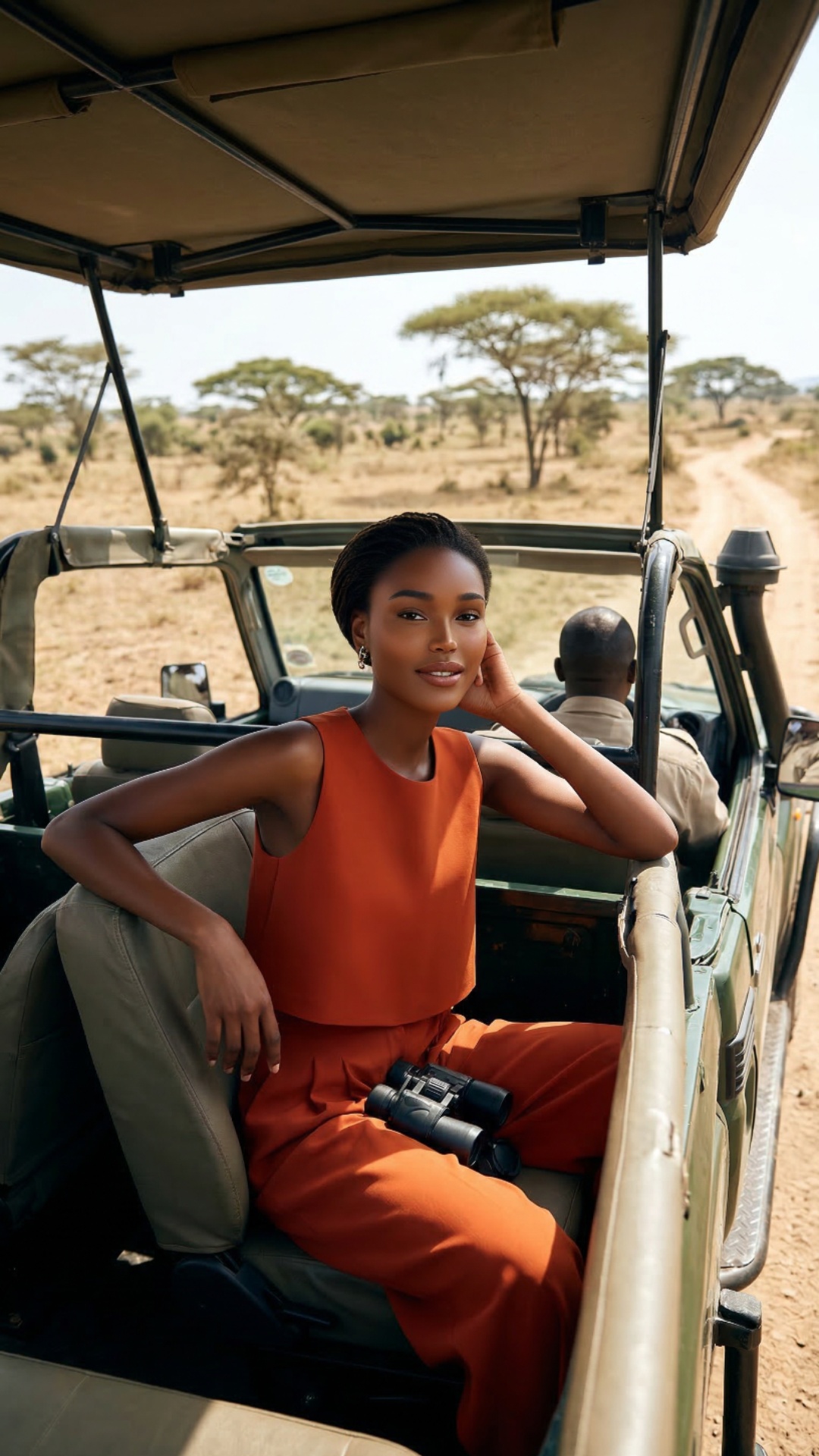 a safari jeep rides bouncing in savanna, suddenly she sees a hippo bathing
