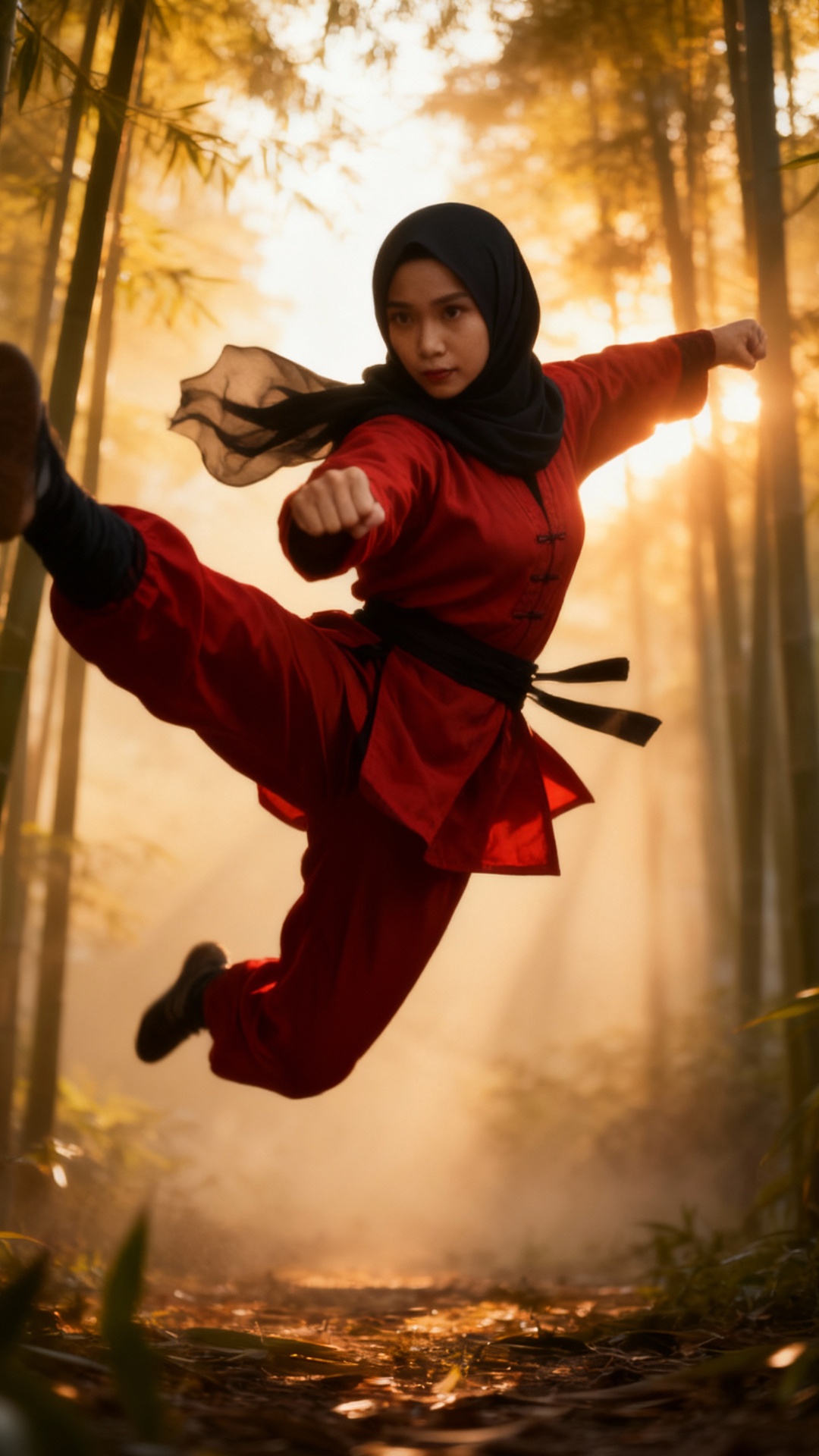 {
  "prompt": "A cinematic martial arts sequence of a young hijabi woman in a red kungfu uniform ...
