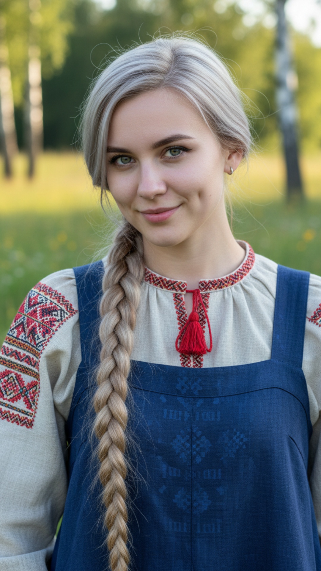 Портрет русской девушки, светло-русые волосы заплетены в длинную косу, цвет глаз зелено-серый, оз...
