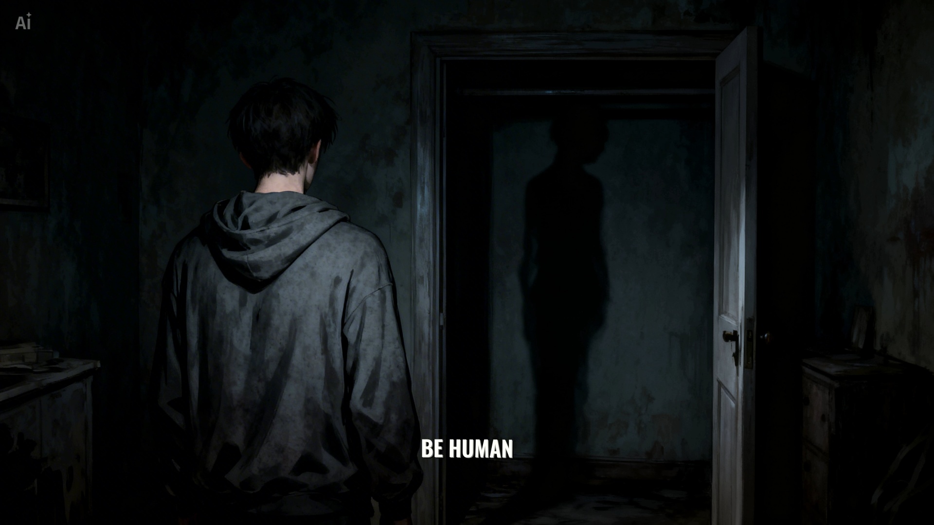 Cinematic psychological horror scene. SET MOTION SCORE TO 3: The boy points a bright flashlight i...