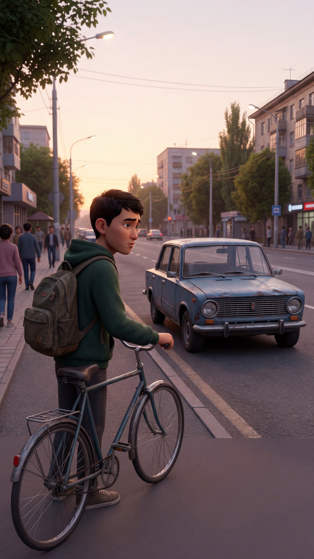SCENE 3 — Student & old car (8–12s)

Student with bicycle looking at old car.

Camera:
Start with...