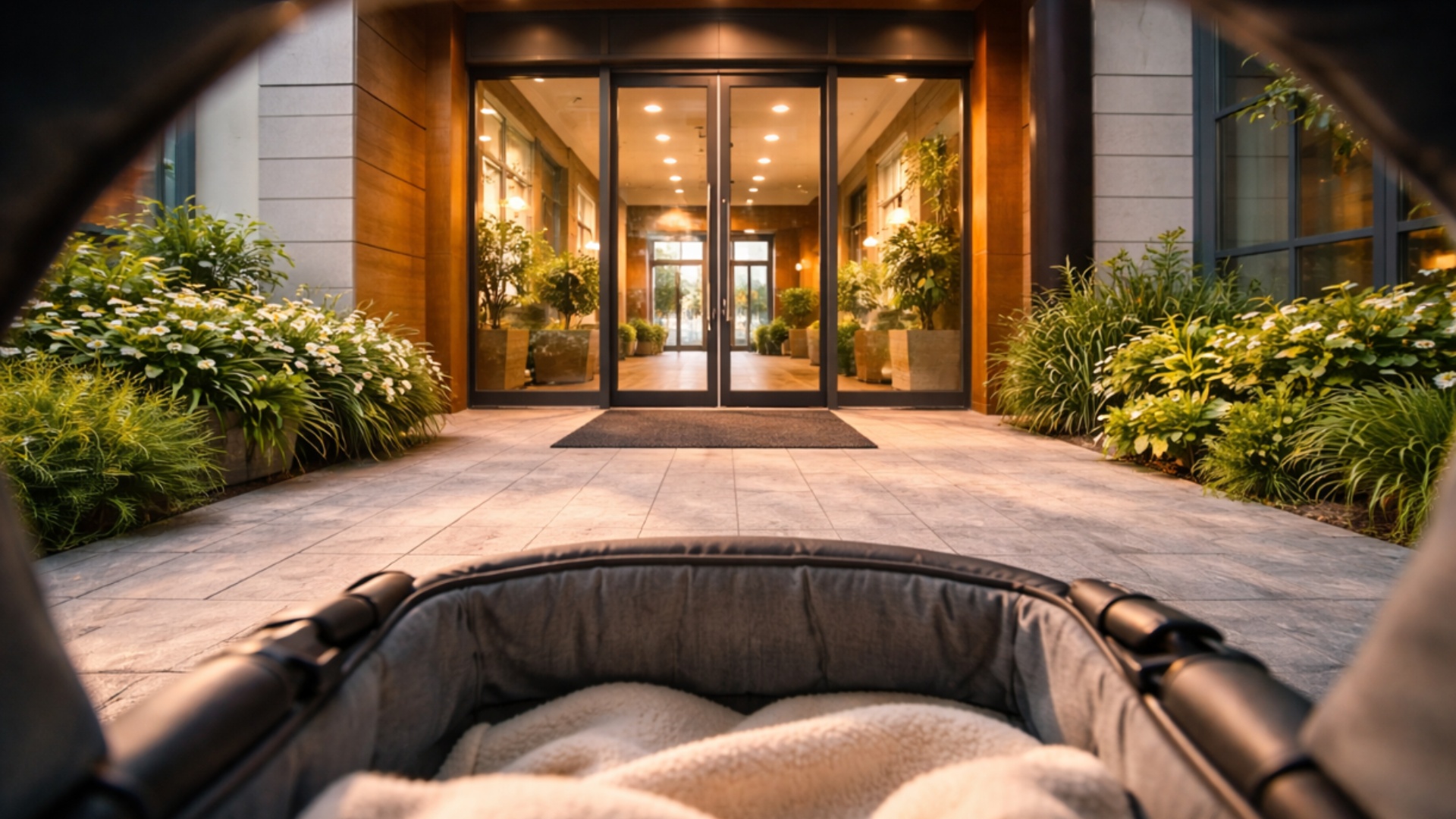 First-person POV from a child sitting in a stroller, facing forward toward the entrance of a mode...