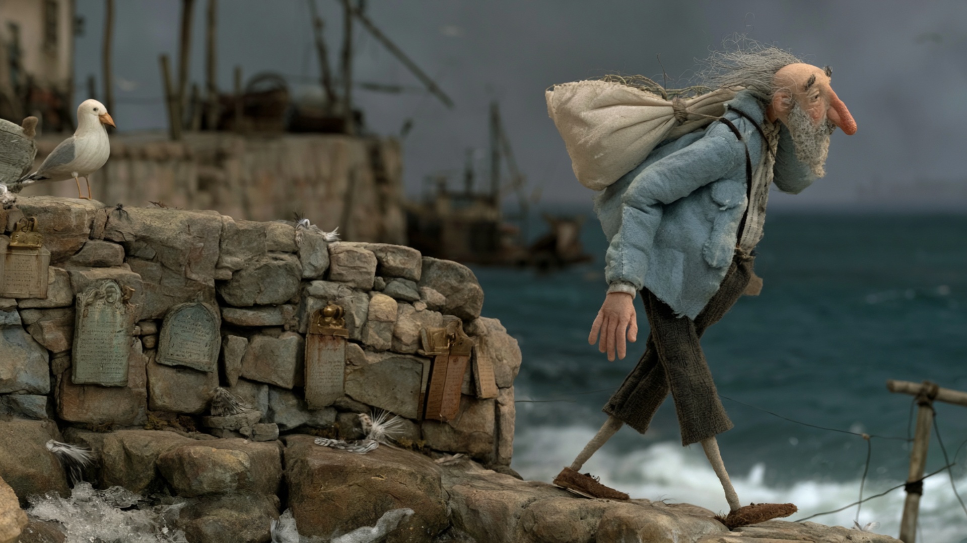 The elderly fisherman walks forward along the uneven stone path, his heavy sack shifting naturall...