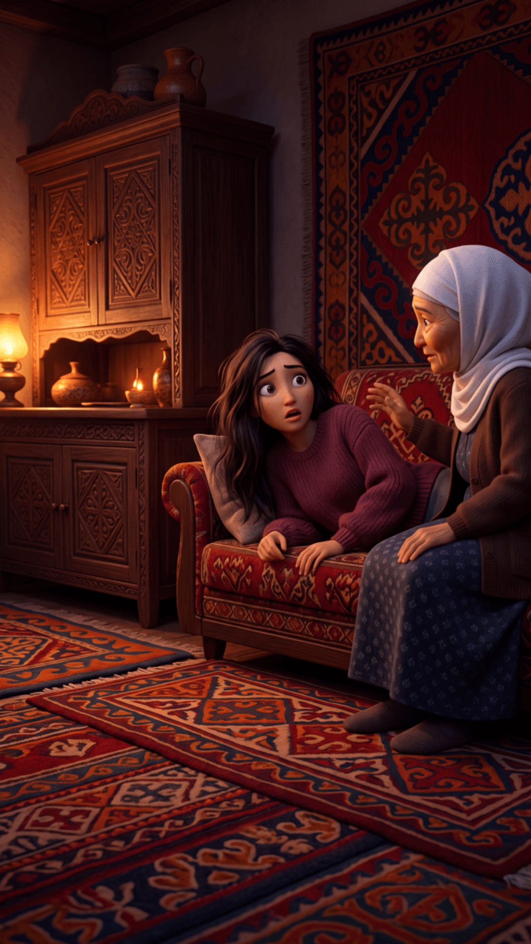 "ONLY Gulmira speaks in this entire clip. Kyrgyz village home living room at evening, warm lamp l...