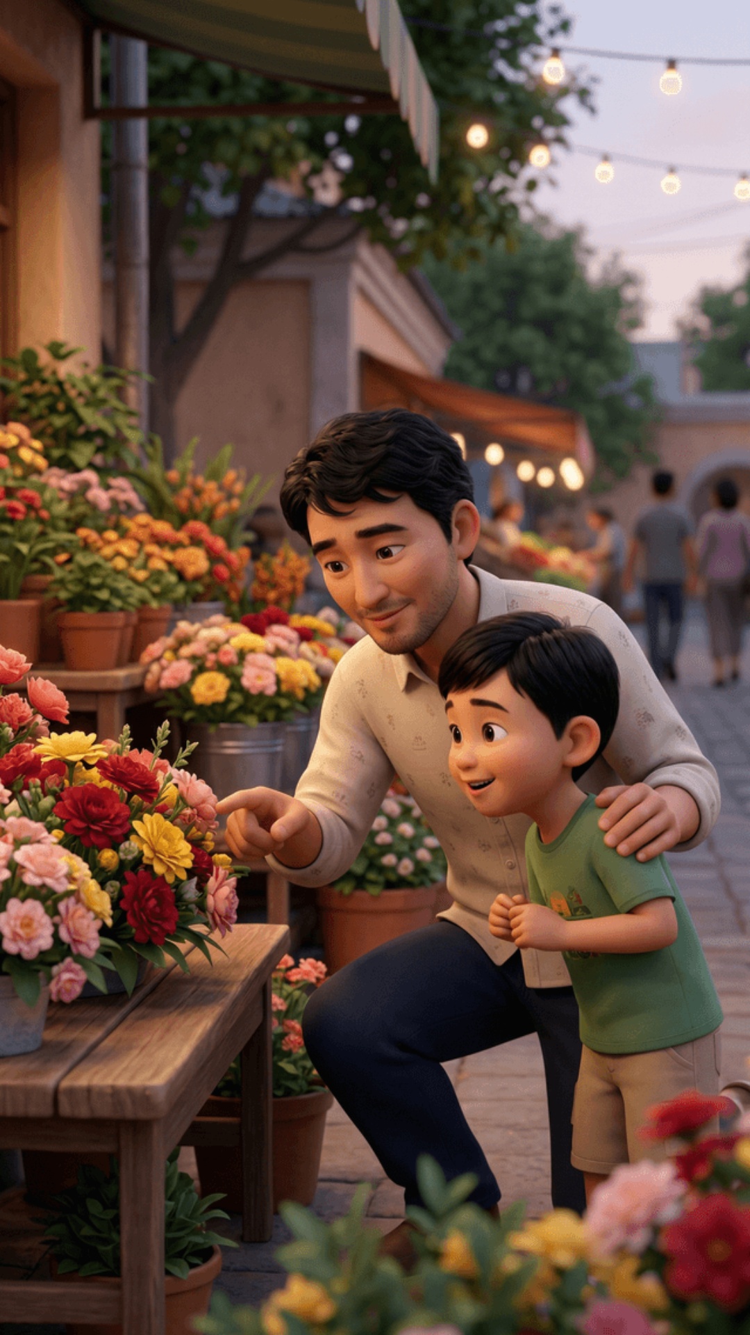 Cinematic 3D Pixar-style animation, vertical 9:16, outdoor small Kyrgyz flower market, warm sunse...