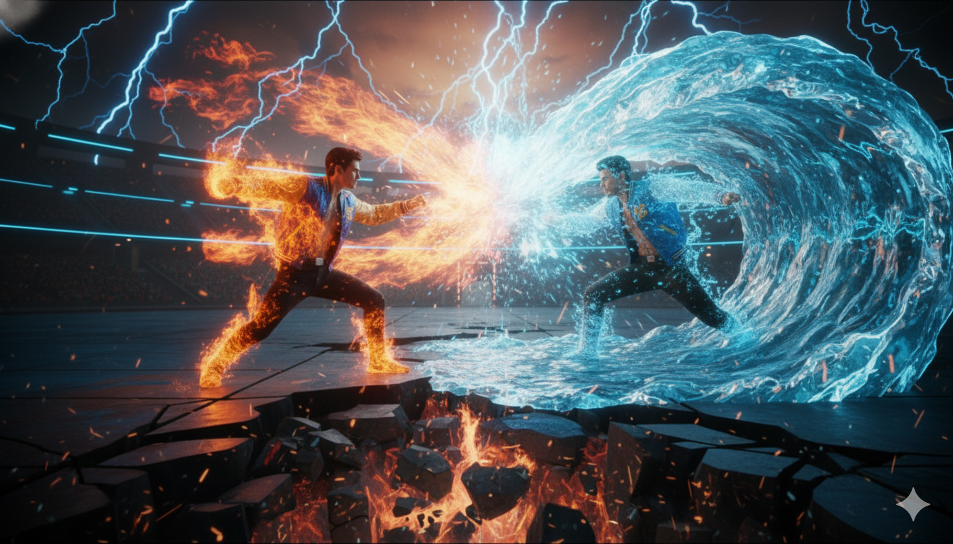 Epic elemental battle. RAVA Api launches firestorms from the sky, RAVA Air counters with tidal wa...
