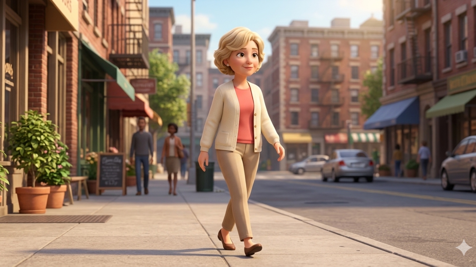 Baba is walking along a quiet, friendly street with a warm smile on her face.