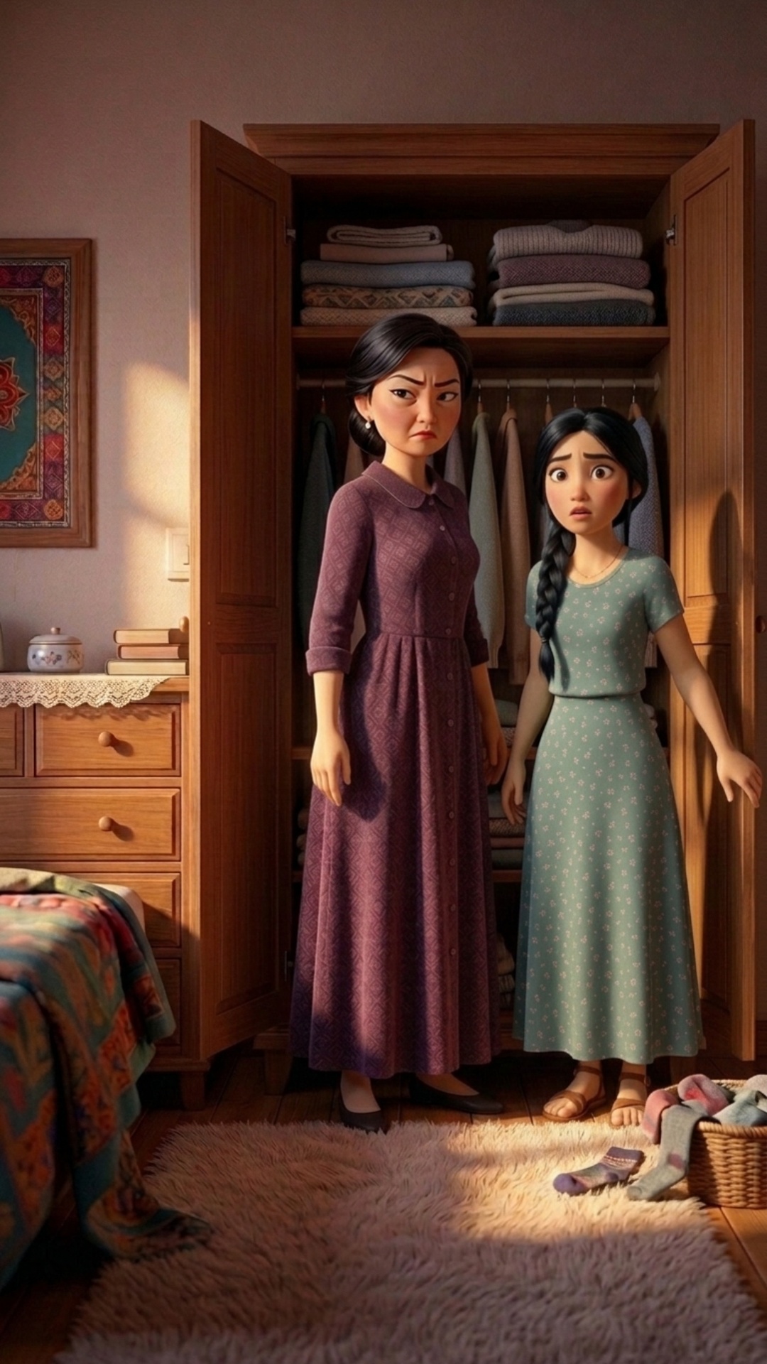 Two women are standing in a room facing each other. The woman in the red dress crosses her arms o...