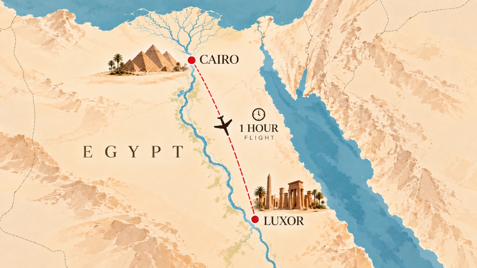 Only animate the airplane. Fly from Cairo to Luxor along the existing straight route line. Keep e...